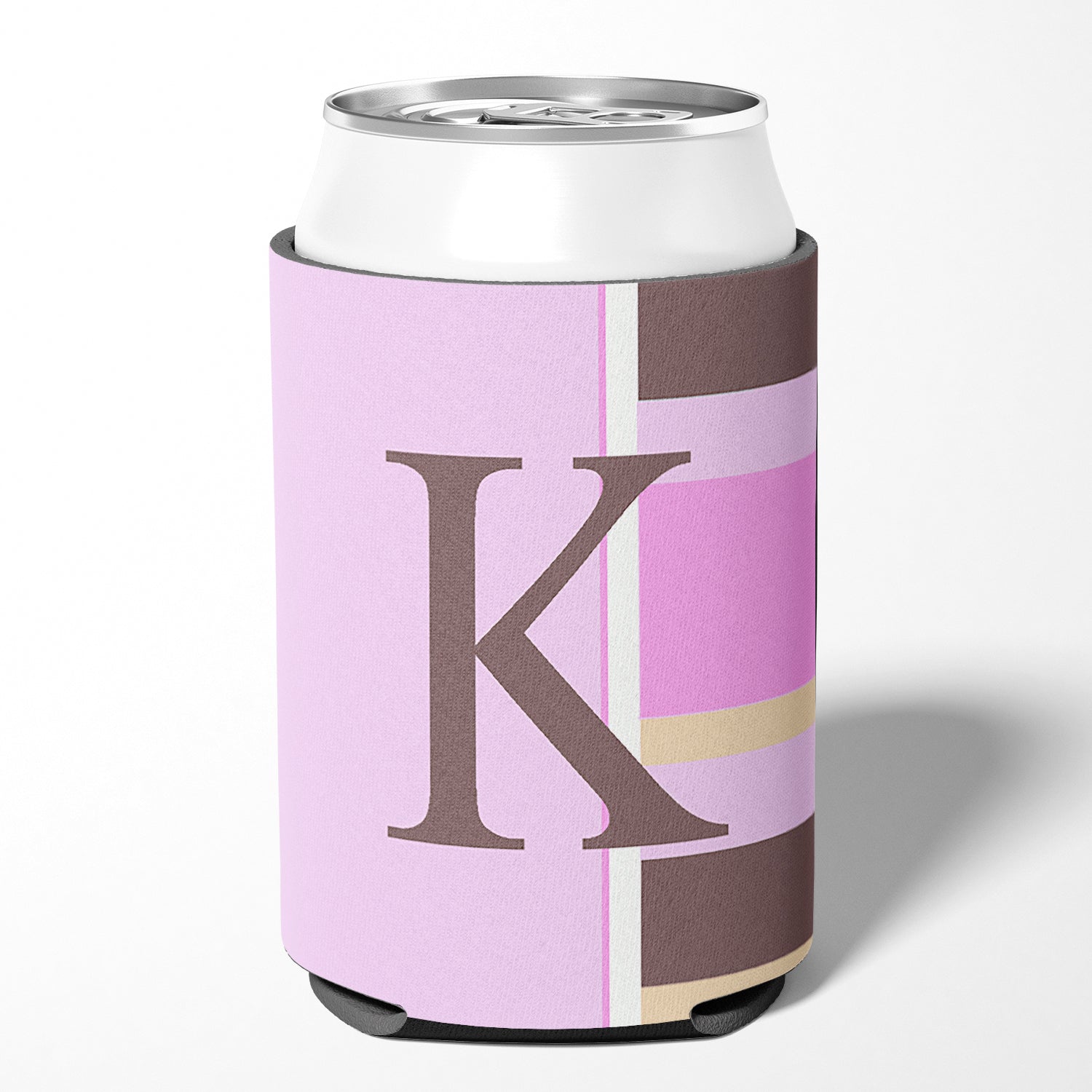 Letter K Initial Monogram - Pink Stripes Can or Bottle Beverage Insulator Hugger.
