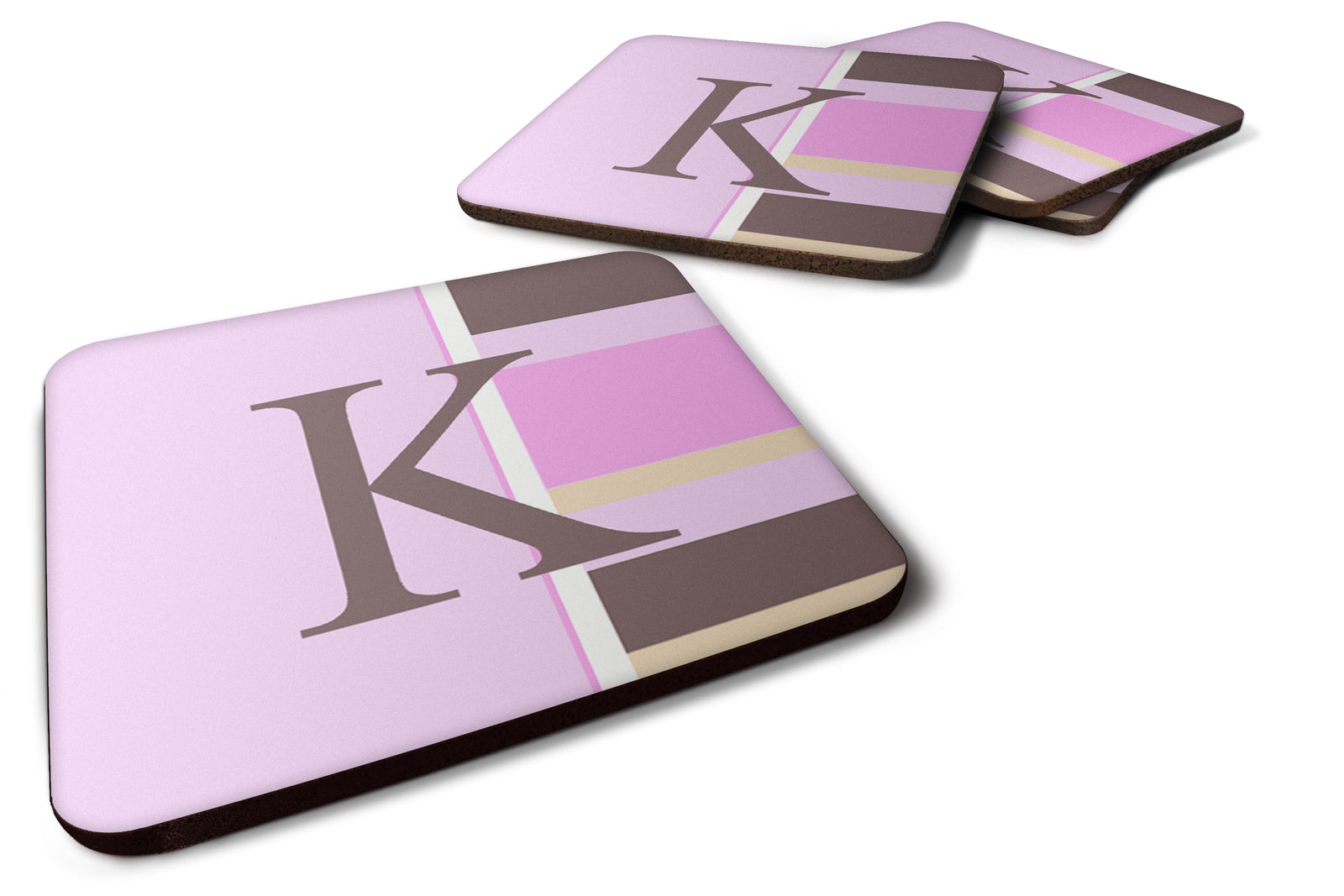 Set of 4 Monogram - Pink Stripes Foam Coasters Initial Letter K - the-store.com