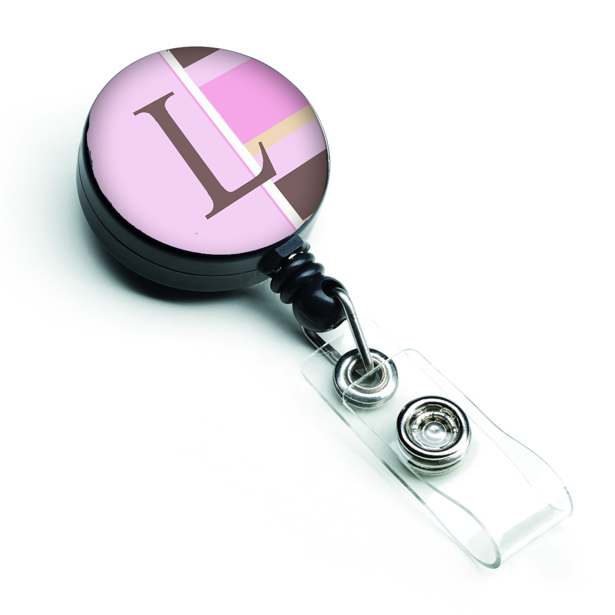 Letter L Initial Monogram - Pink Stripes Retractable Badge Reel CJ1005-LBR