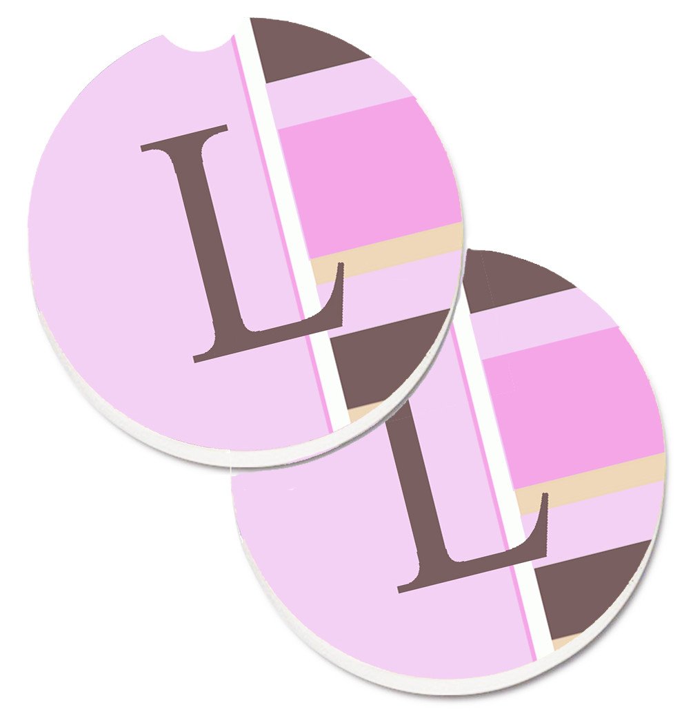Letter L Initial Monogram - Pink Stripes Set of 2 Cup Holder Car Coasters CJ1005-LCARC by Caroline&#39;s Treasures