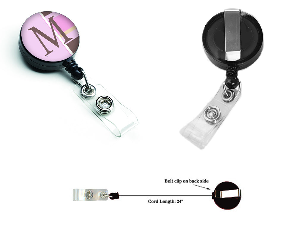 Letter M Initial Monogram - Pink Stripes Retractable Badge Reel CJ1005-MBR