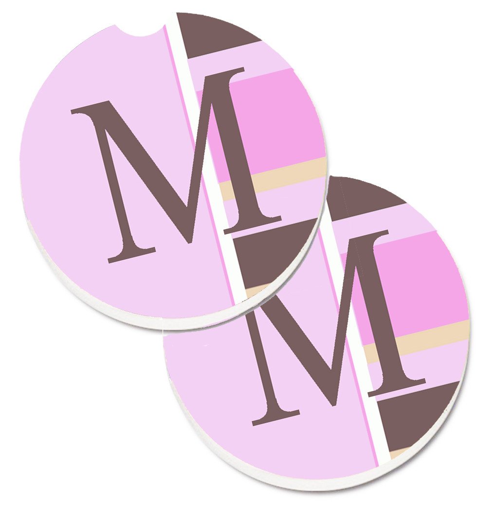 Letter M Initial Monogram - Pink Stripes Set of 2 Cup Holder Car Coasters CJ1005-MCARC by Caroline&#39;s Treasures