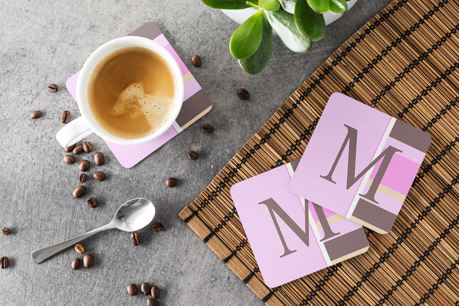 Set of 4 Monogram - Pink Stripes Foam Coasters Initial Letter M - the-store.com