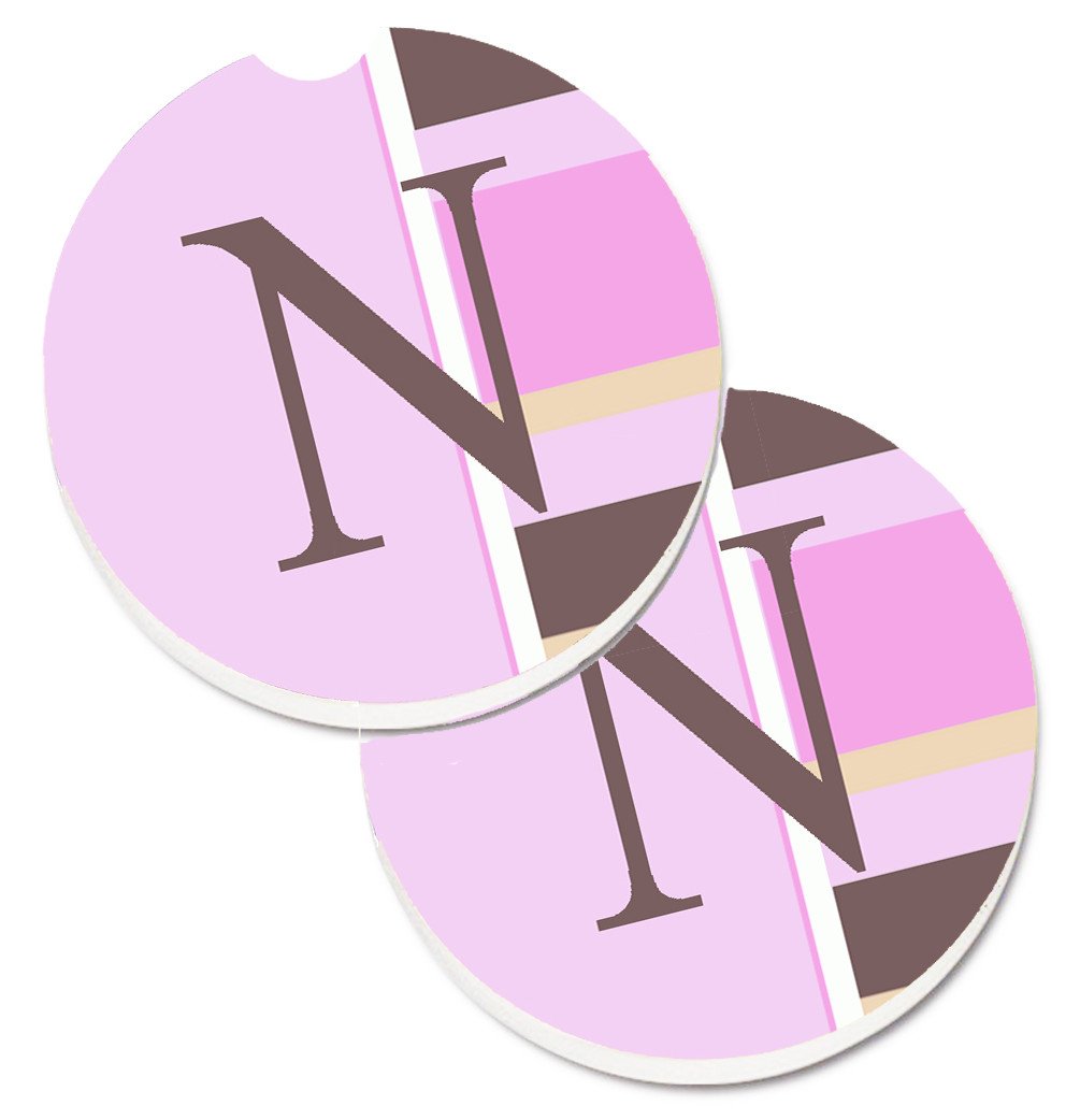 Letter N Initial Monogram - Pink Stripes Set of 2 Cup Holder Car Coasters CJ1005-NCARC by Caroline&#39;s Treasures
