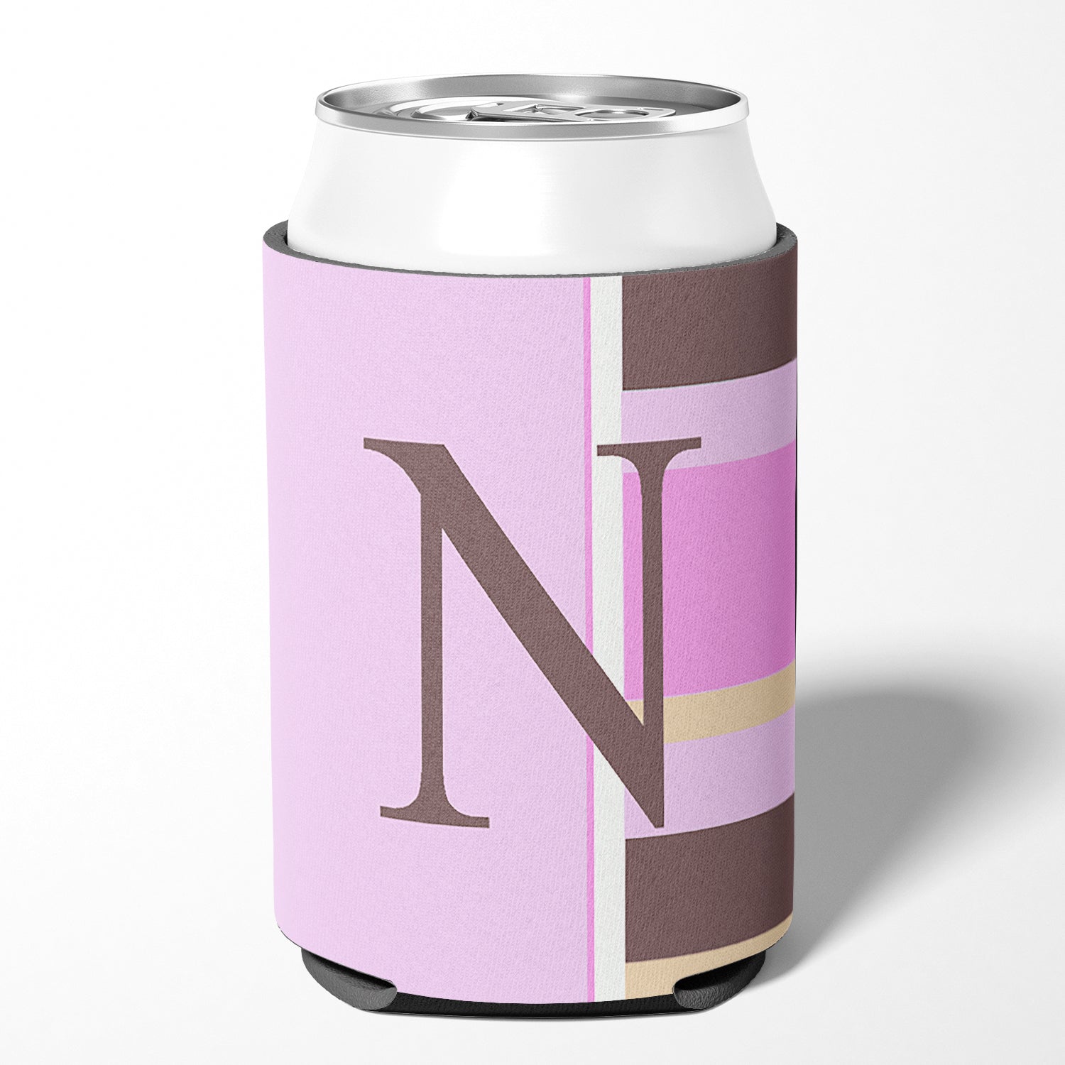 Letter N Initial Monogram - Pink Stripes Can or Bottle Beverage Insulator Hugger