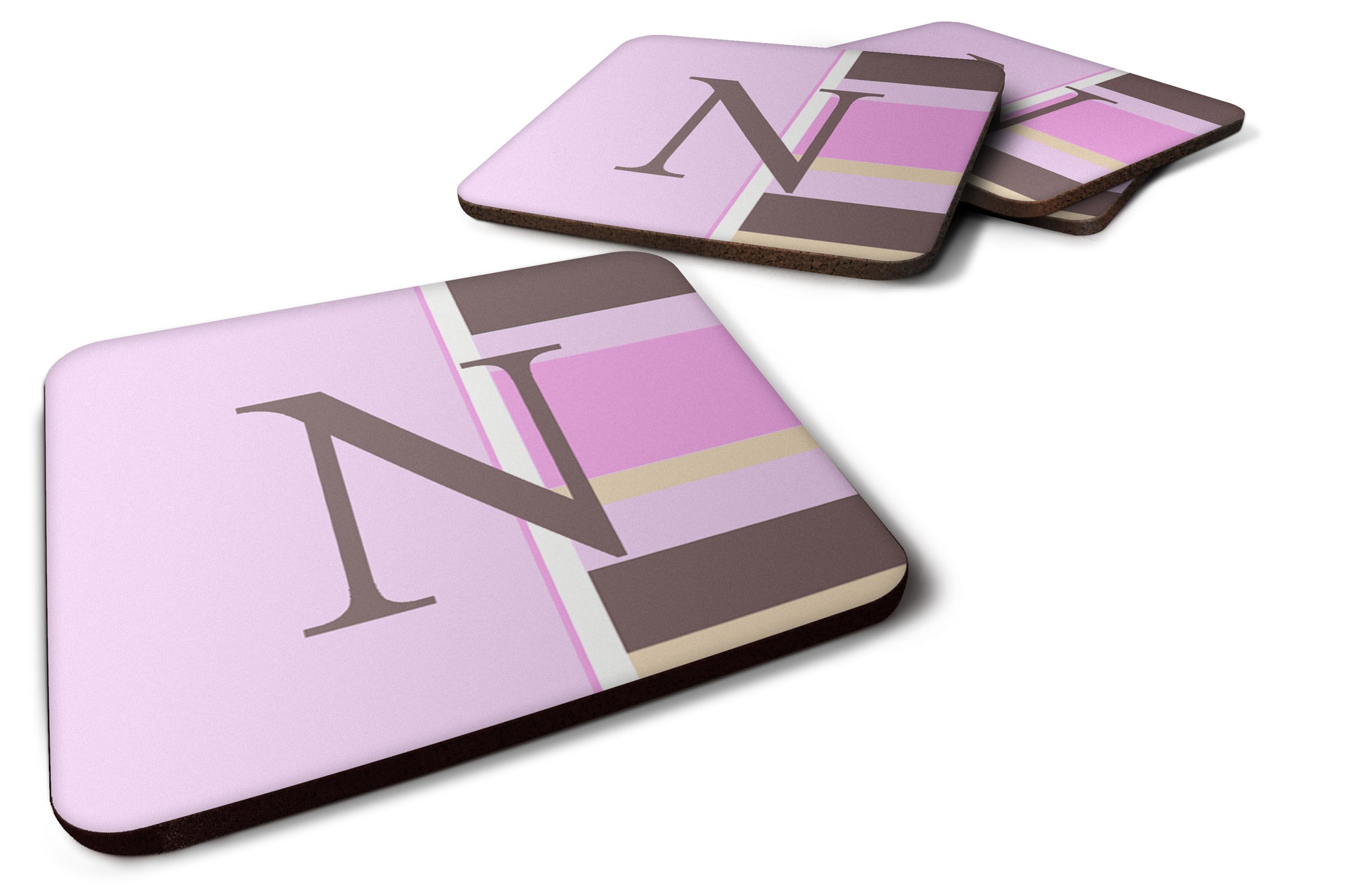 Set of 4 Monogram - Pink Stripes Foam Coasters Initial Letter N - the-store.com
