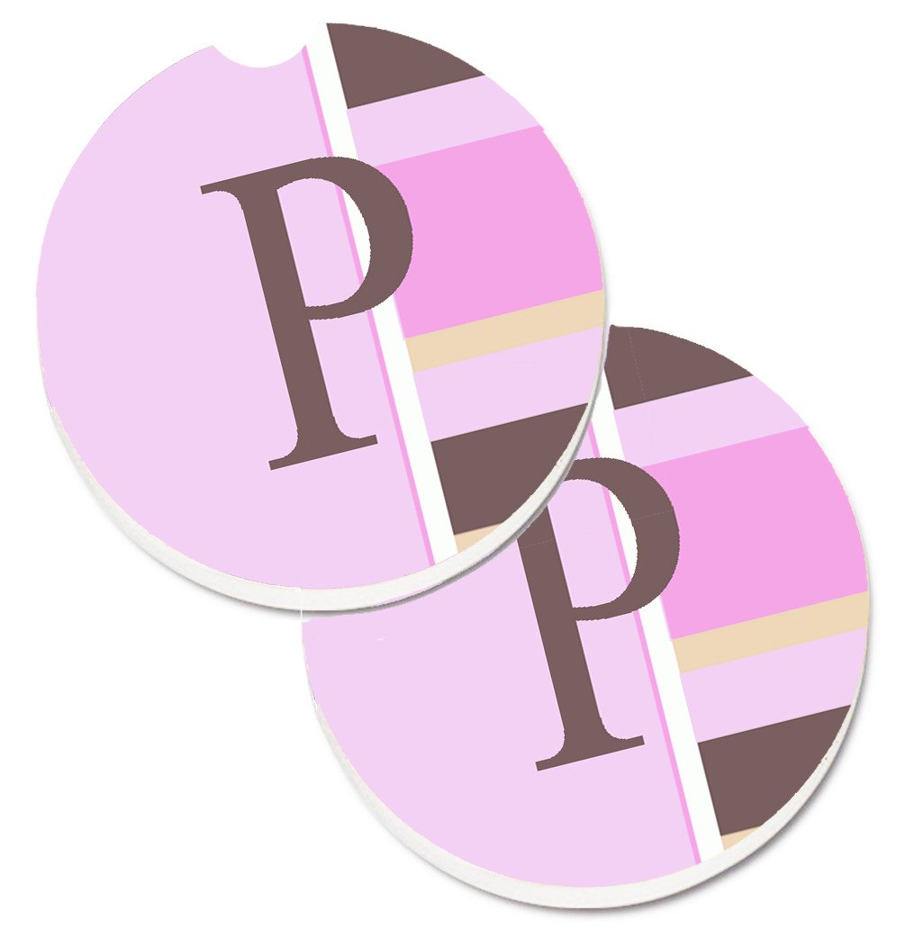 Letter P Initial Monogram - Pink Stripes Set of 2 Cup Holder Car Coasters CJ1005-PCARC by Caroline&#39;s Treasures