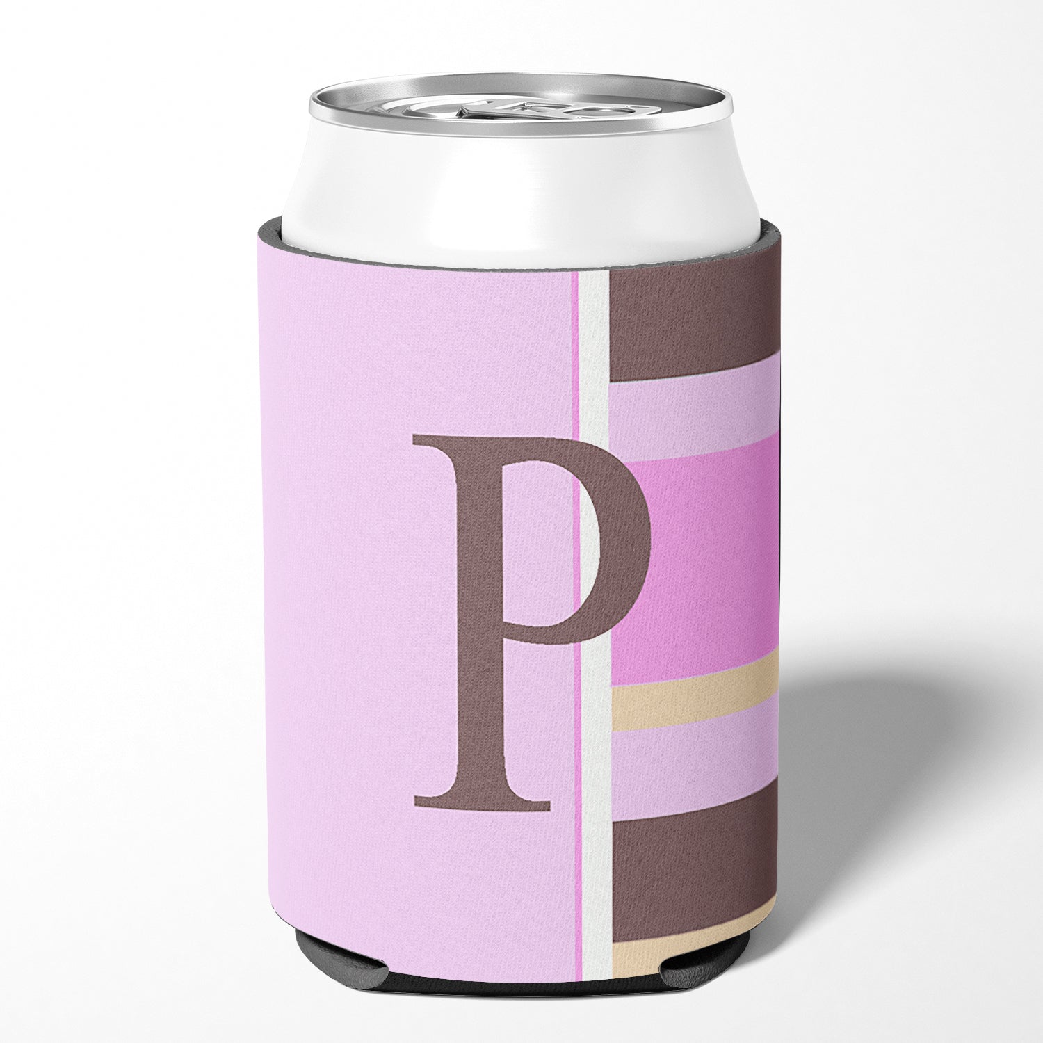 Lettre P monogramme initial - rayures roses canette ou bouteille boisson isolant Hugger