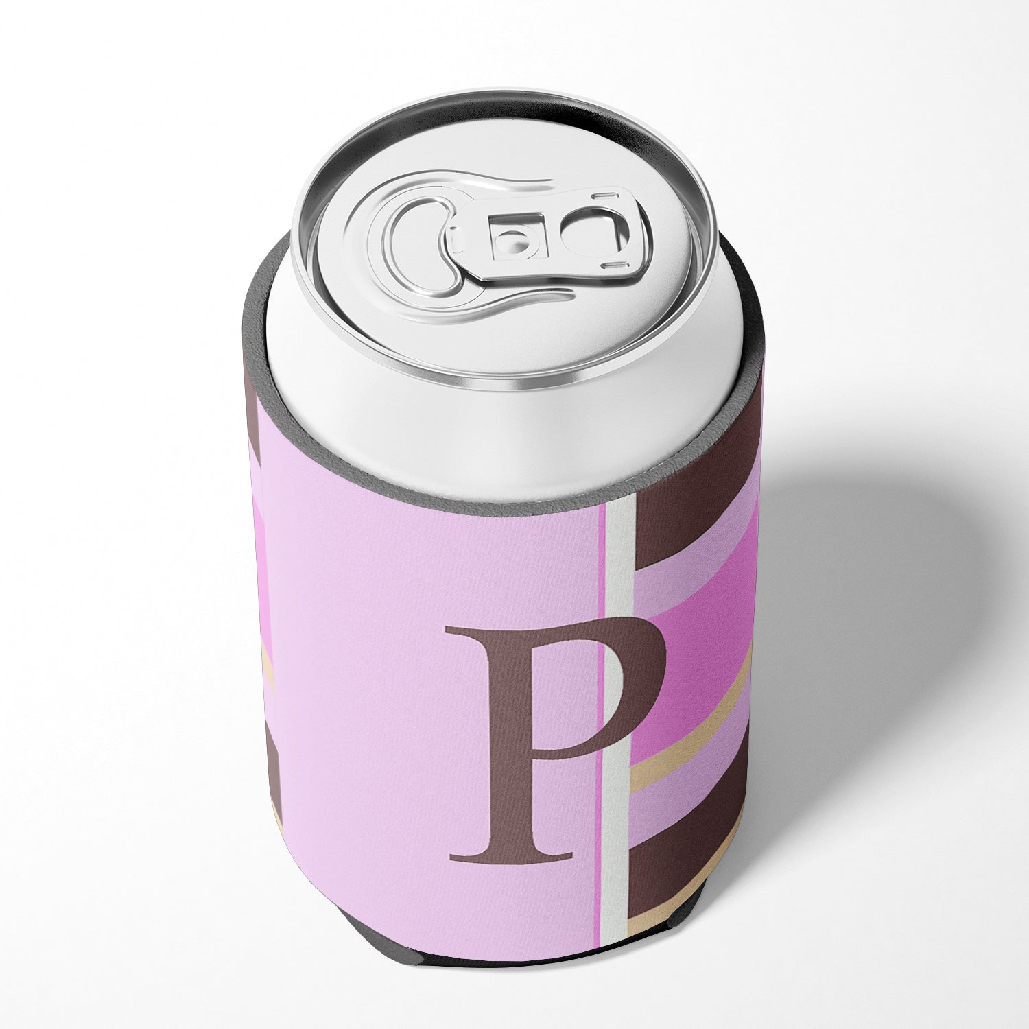 Lettre P monogramme initial - rayures roses canette ou bouteille boisson isolant Hugger