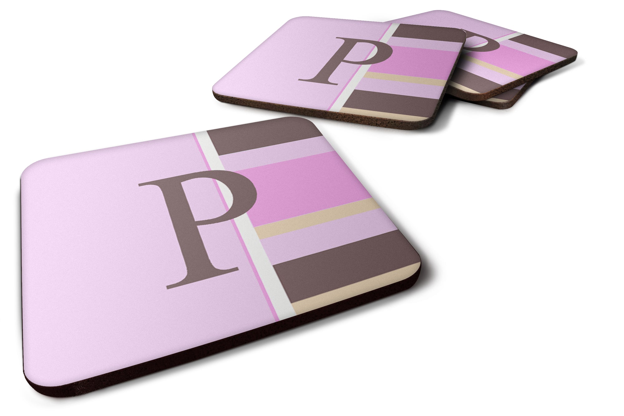 Set of 4 Monogram - Pink Stripes Foam Coasters Initial Letter P - the-store.com