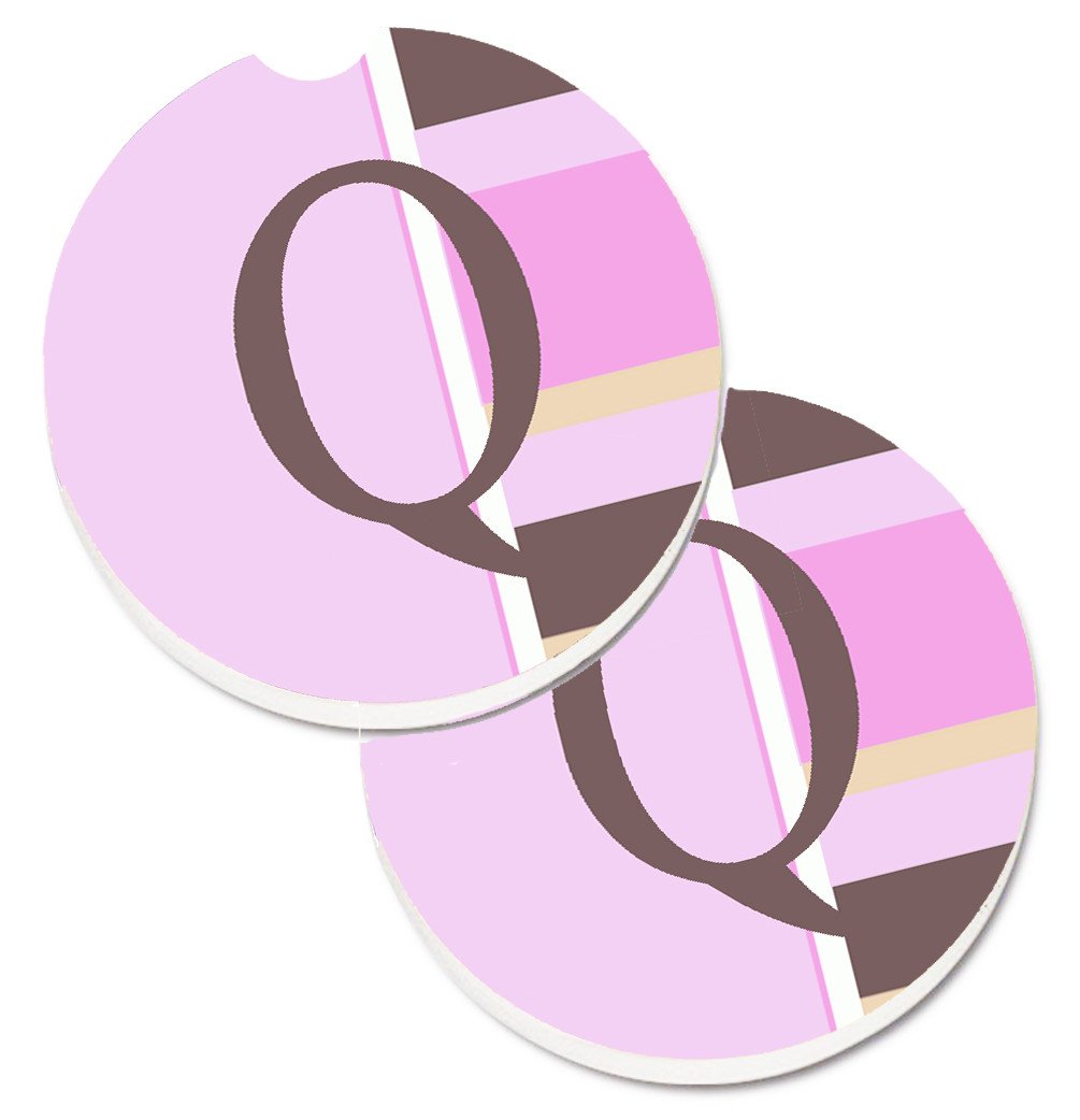Letter Q Initial Monogram - Pink Stripes Set of 2 Cup Holder Car Coasters CJ1005-QCARC by Caroline's Treasures