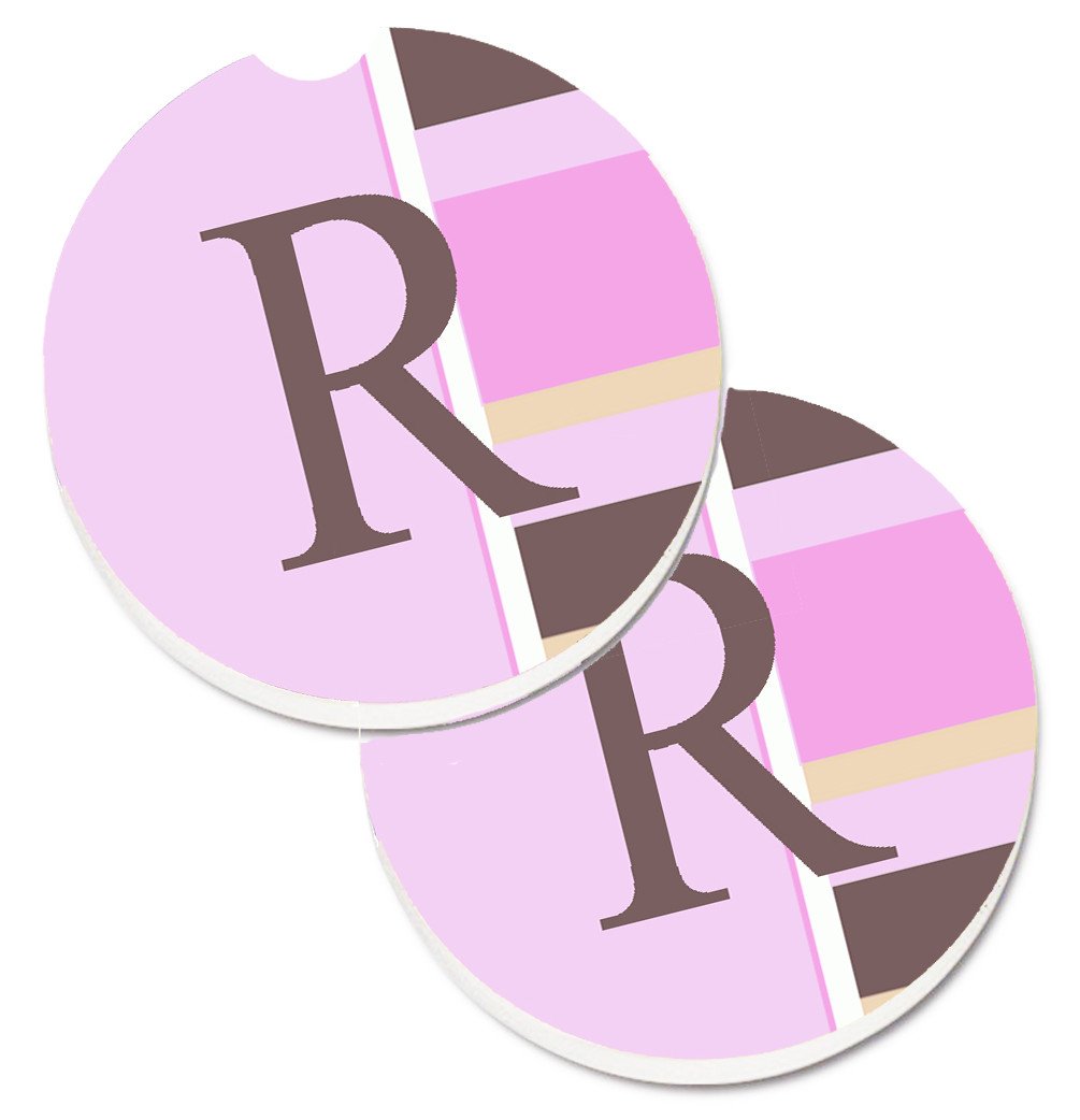 Letter R Initial Monogram - Pink Stripes Set of 2 Cup Holder Car Coasters CJ1005-RCARC by Caroline&#39;s Treasures