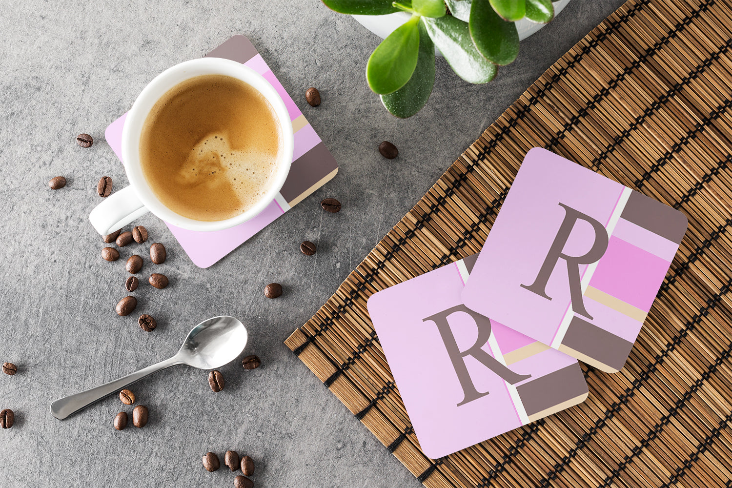 Set of 4 Monogram - Pink Stripes Foam Coasters Initial Letter R - the-store.com