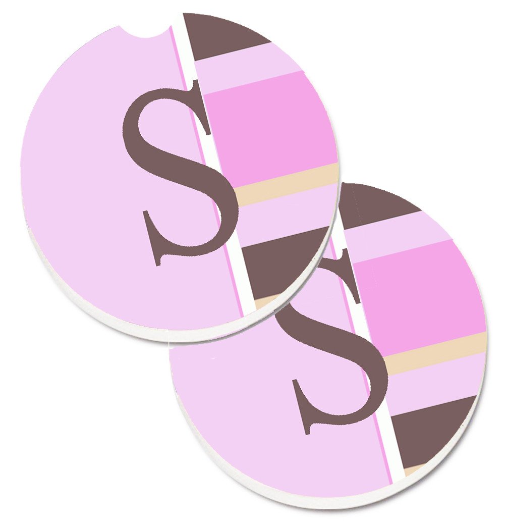 Letter S Initial Monogram - Pink Stripes Set of 2 Cup Holder Car Coasters CJ1005-SCARC by Caroline&#39;s Treasures