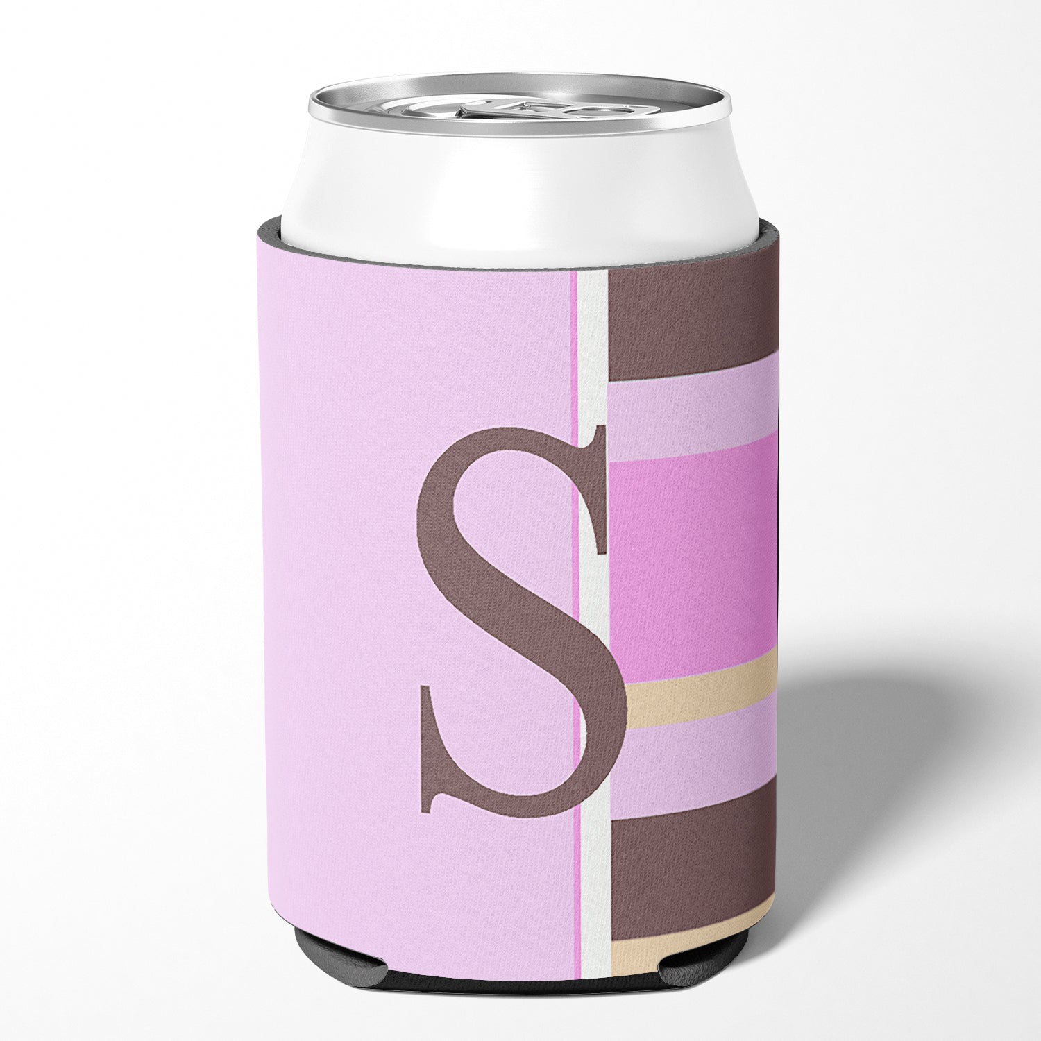 Letter S Initial Monogram - Pink Stripes Can or Bottle Beverage Insulator Hugger.