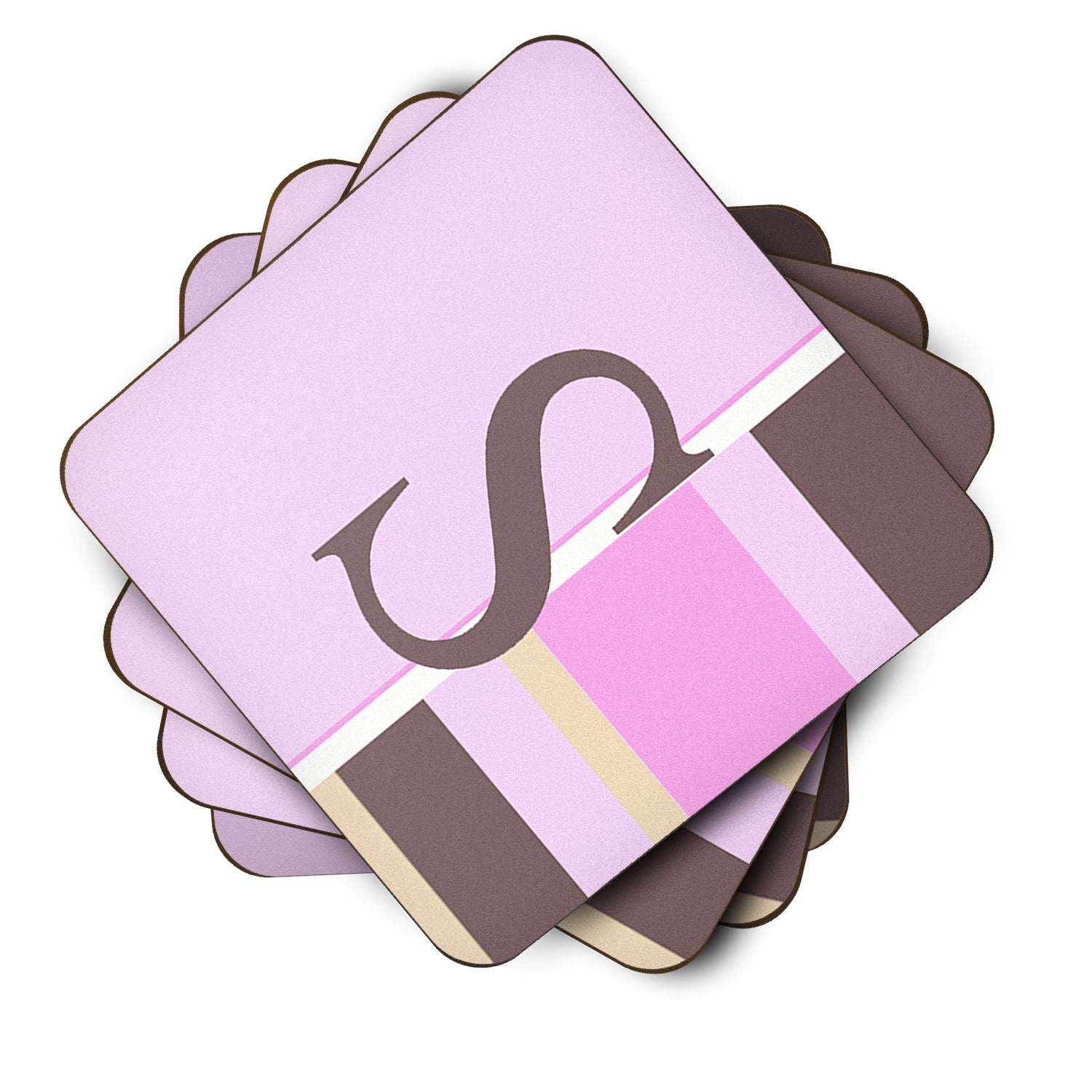 Set of 4 Monogram - Pink Stripes Foam Coasters Initial Letter S - the-store.com