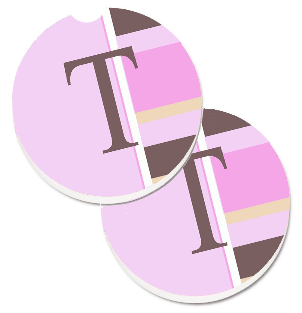 Letter T Initial Monogram - Pink Stripes Set of 2 Cup Holder Car Coasters CJ1005-TCARC by Caroline&#39;s Treasures