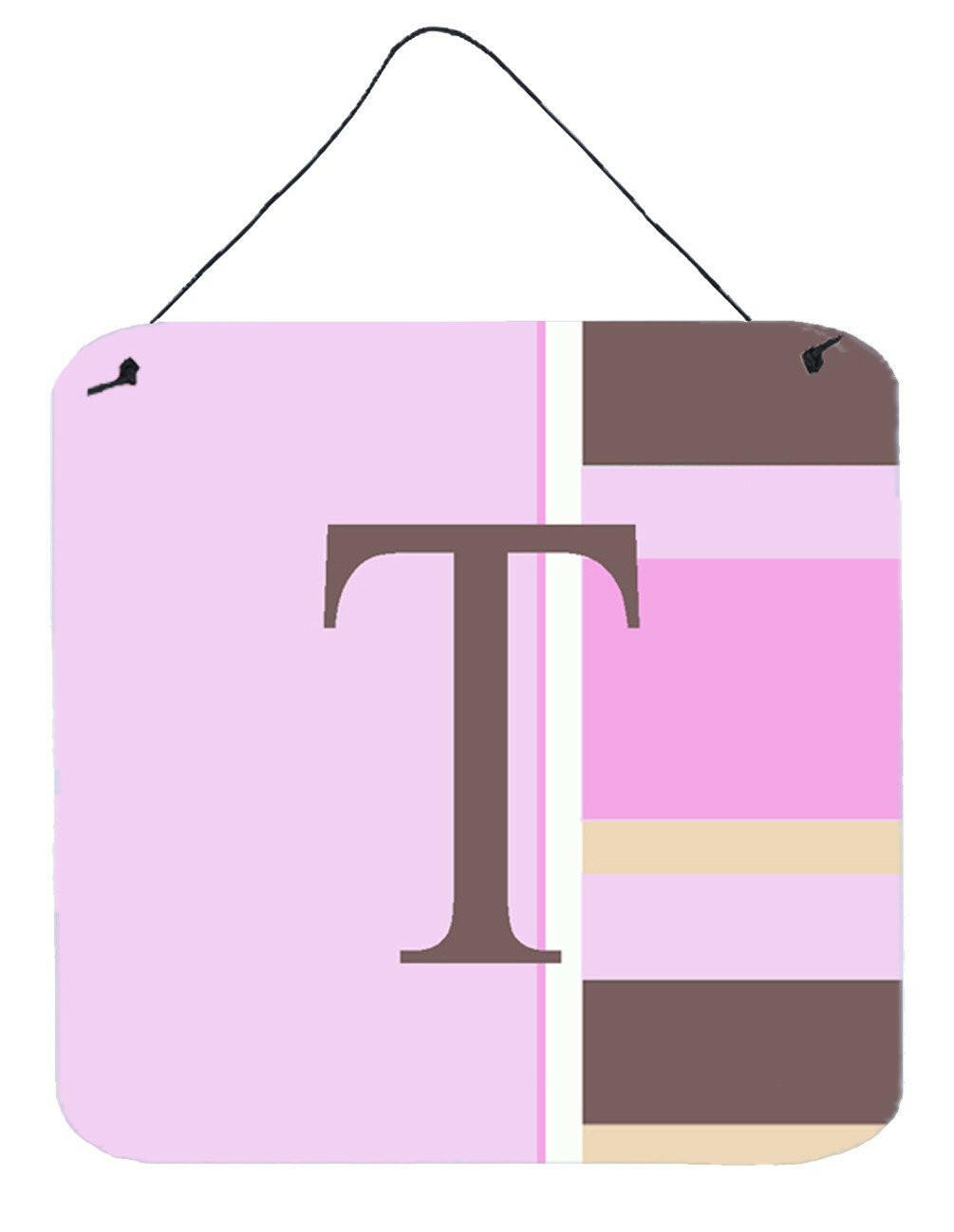 Letter T Initial Monogram - Pink Stripes Wall or Door Hanging Prints by Caroline&#39;s Treasures