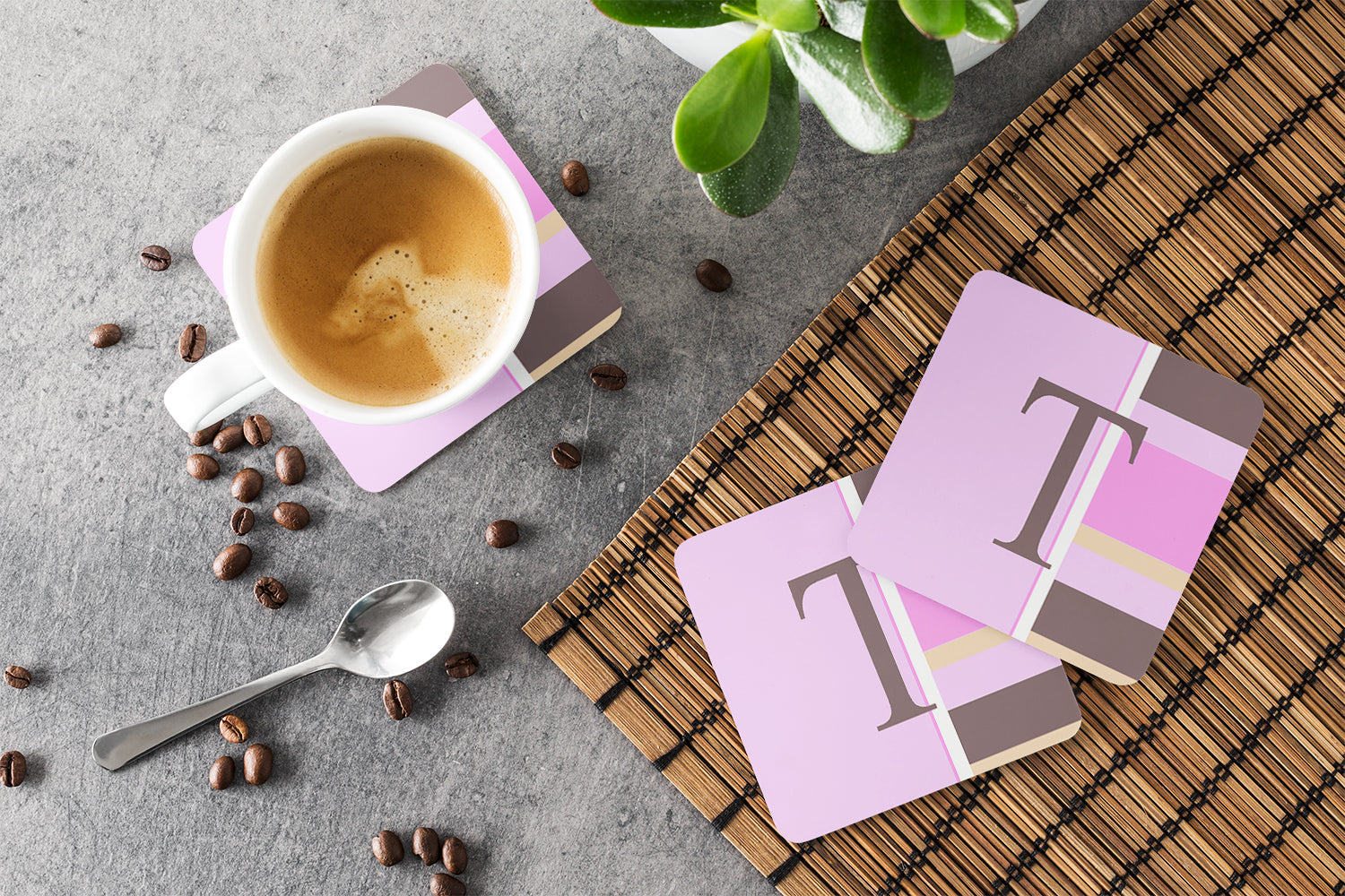 Set of 4 Monogram - Pink Stripes Foam Coasters Initial Letter T - the-store.com