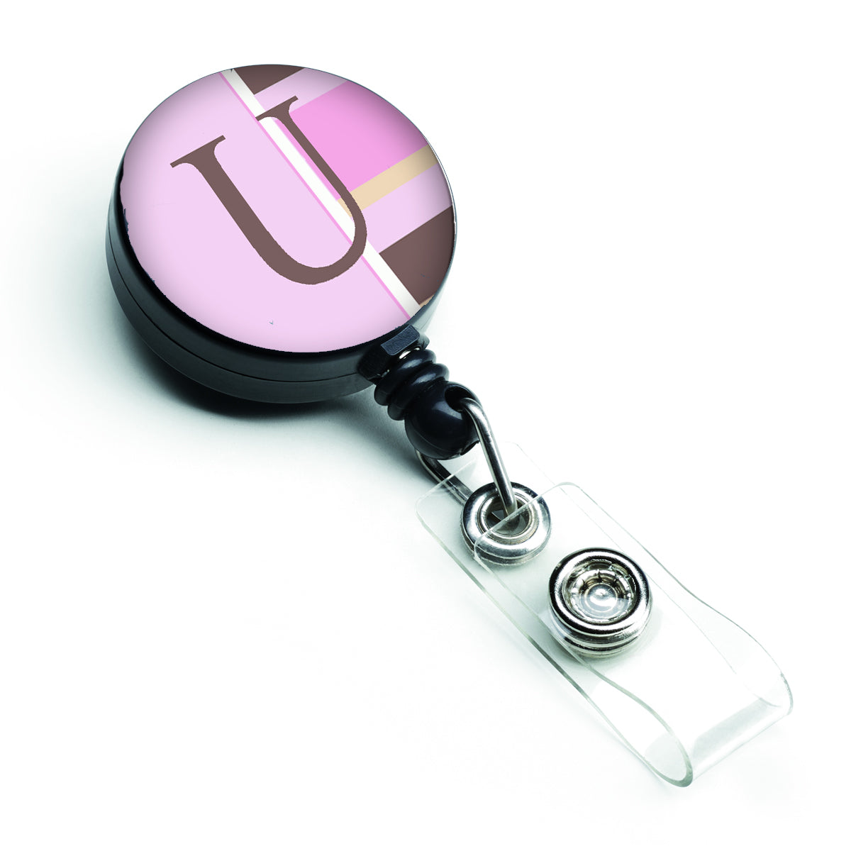 Letter U Initial Monogram - Pink Stripes Retractable Badge Reel CJ1005-UBR  the-store.com.