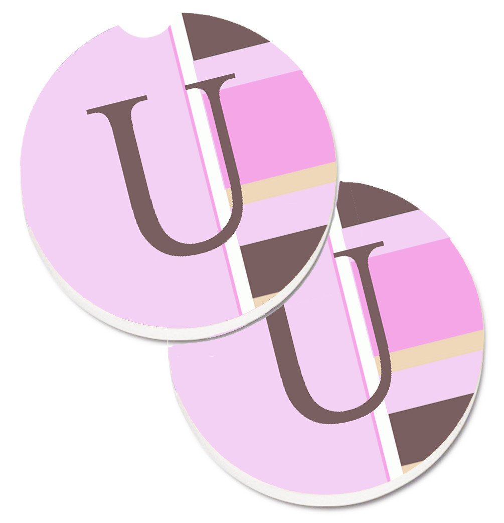 Letter U Initial Monogram - Pink Stripes Set of 2 Cup Holder Car Coasters CJ1005-UCARC by Caroline&#39;s Treasures