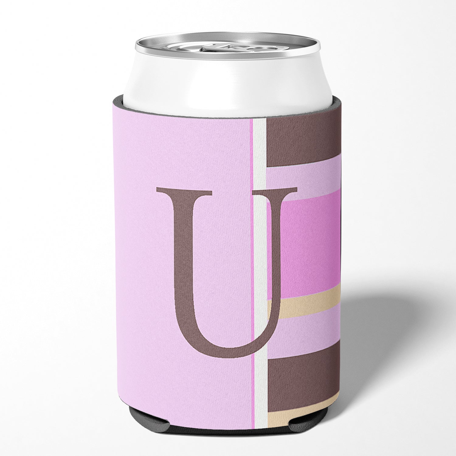 Letter U Initial Monogram - Pink Stripes Can or Bottle Beverage Insulator Hugger.