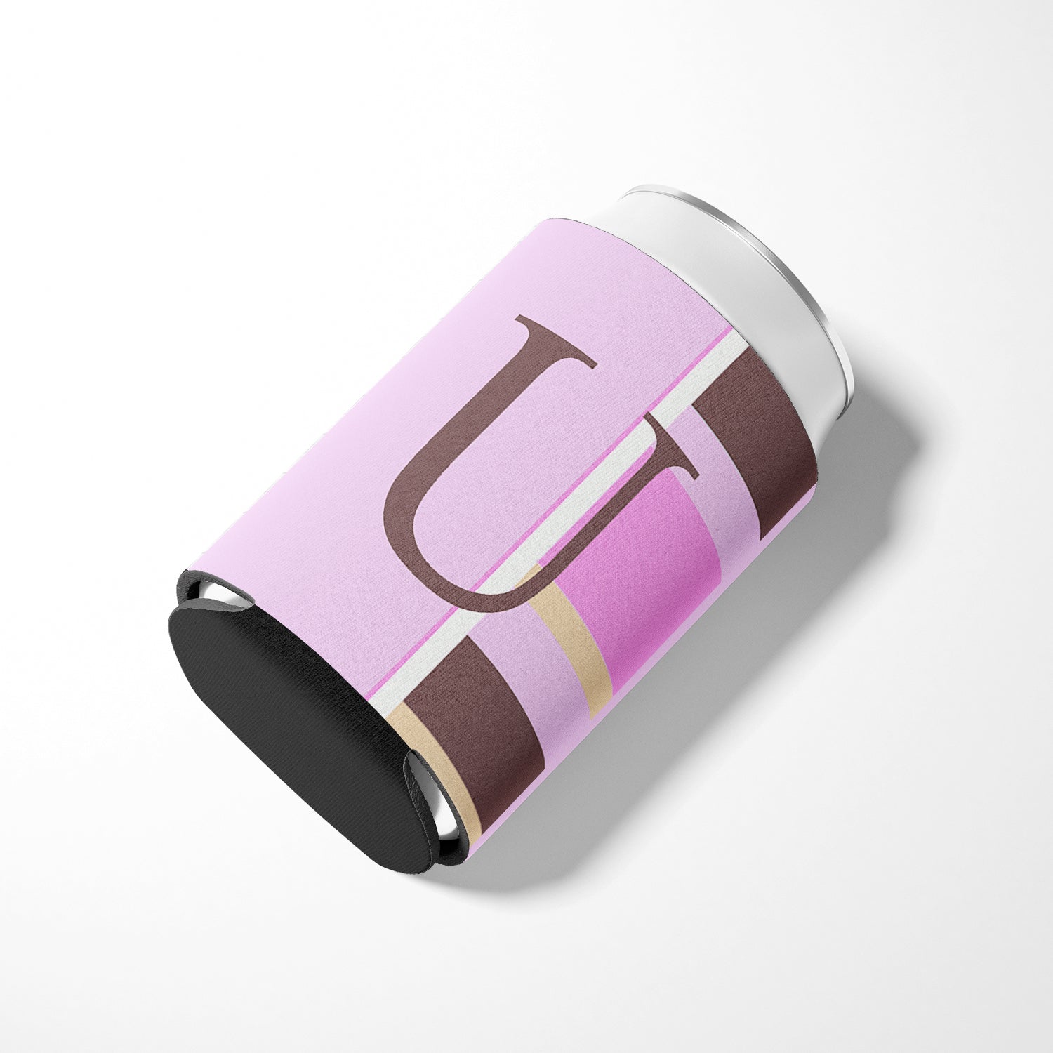 Letter U Initial Monogram - Pink Stripes Can or Bottle Beverage Insulator Hugger