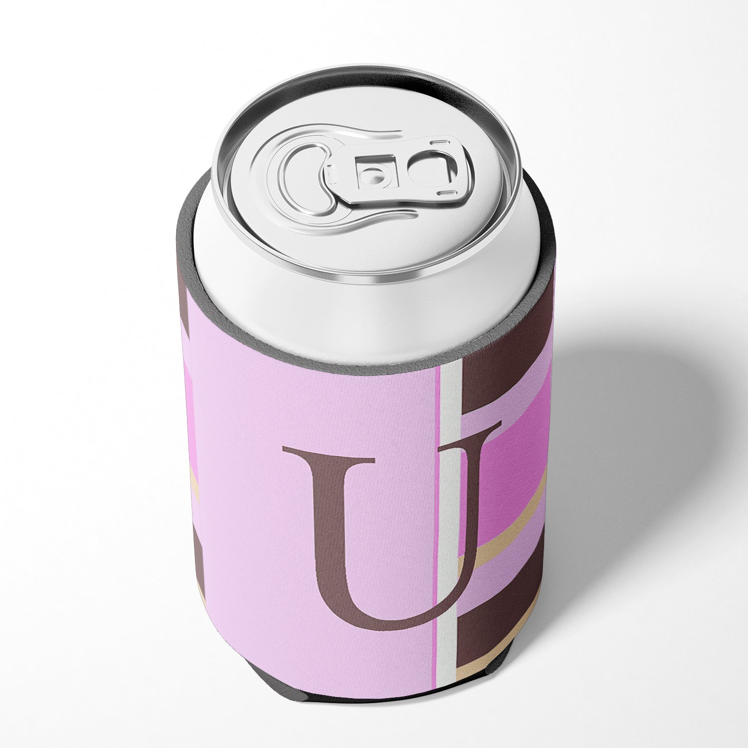 Letter U Initial Monogram - Pink Stripes Can or Bottle Beverage Insulator Hugger