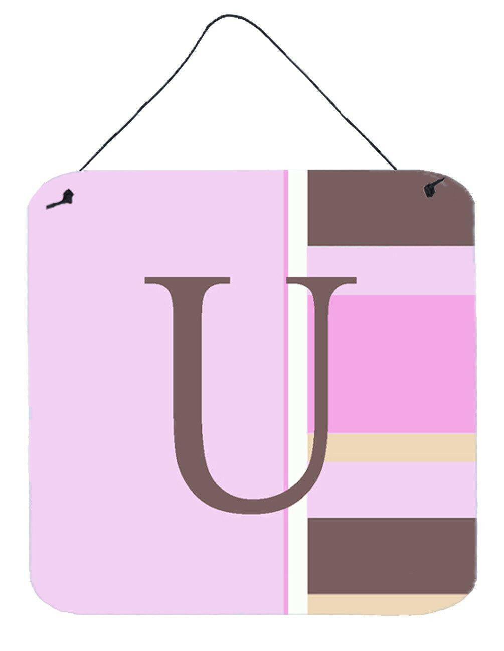 Letter U Initial Monogram - Pink Stripes Wall or Door Hanging Prints by Caroline&#39;s Treasures