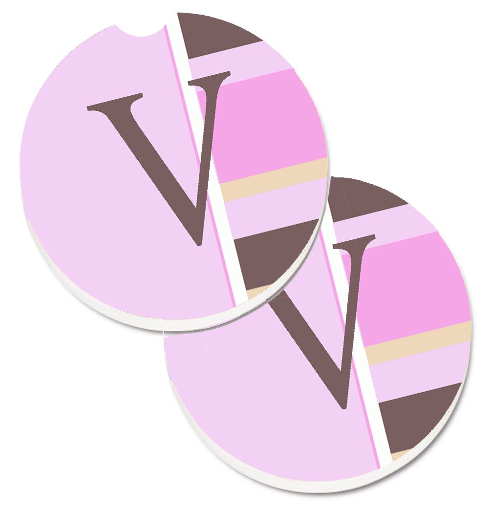 Letter V Initial Monogram - Pink Stripes Set of 2 Cup Holder Car Coasters CJ1005-VCARC by Caroline&#39;s Treasures