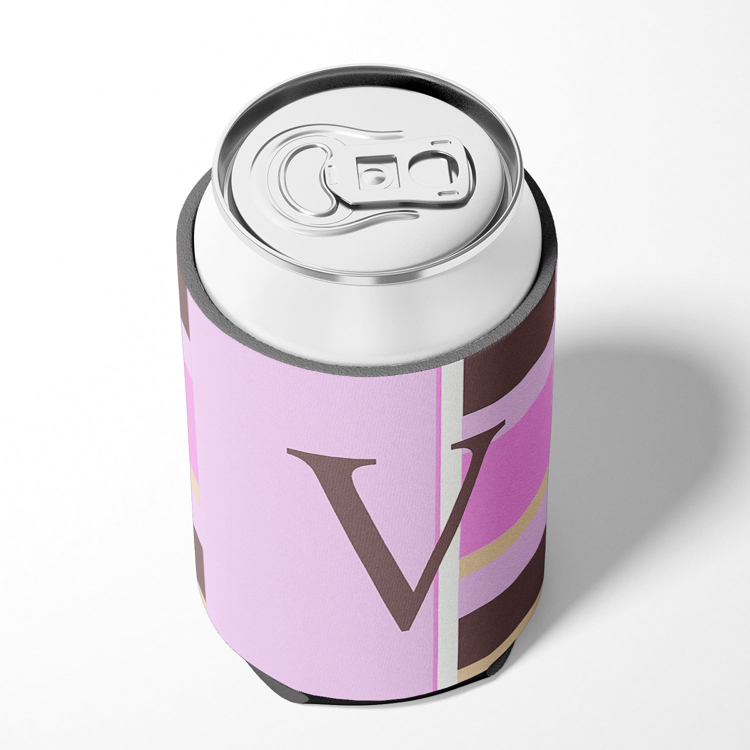 Letter V Initial Monogram - Pink Stripes Can or Bottle Beverage Insulator Hugger.
