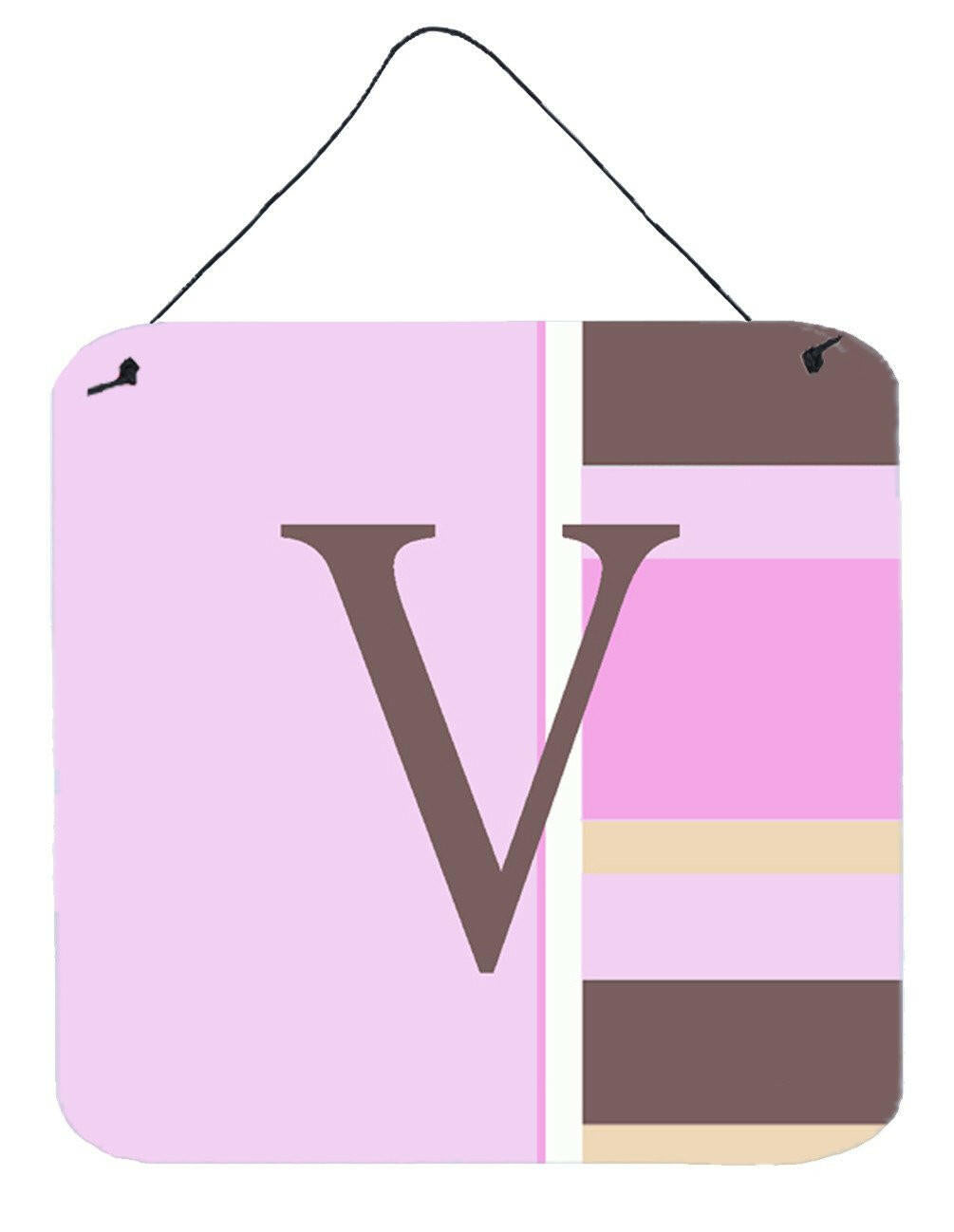 Letter V Initial Monogram - Pink Stripes Wall or Door Hanging Prints by Caroline&#39;s Treasures