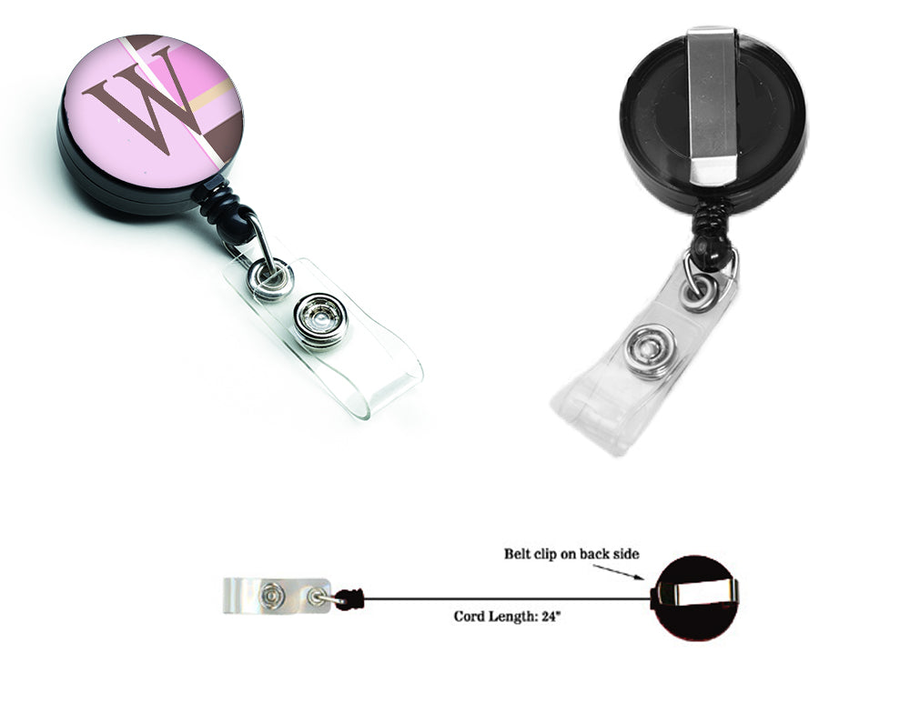 Letter W Initial Monogram - Pink Stripes Retractable Badge Reel CJ1005-WBR  the-store.com.