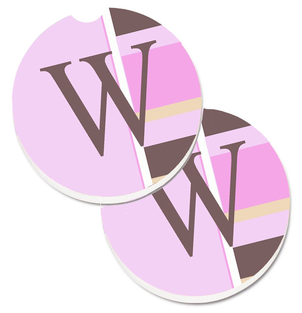 Letter W Initial Monogram - Pink Stripes Set of 2 Cup Holder Car Coasters CJ1005-WCARC by Caroline&#39;s Treasures