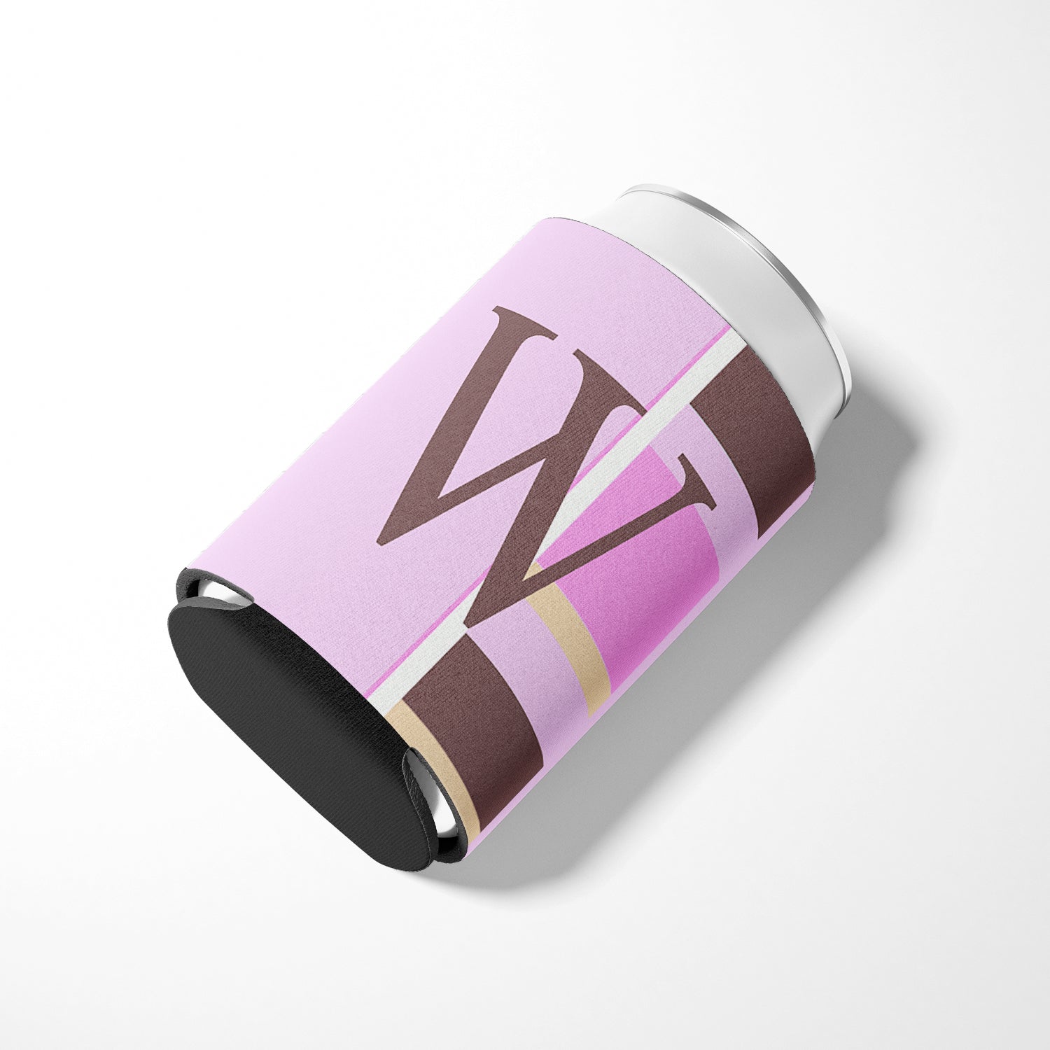 Letter W Initial Monogram - Pink Stripes Can or Bottle Beverage Insulator Hugger