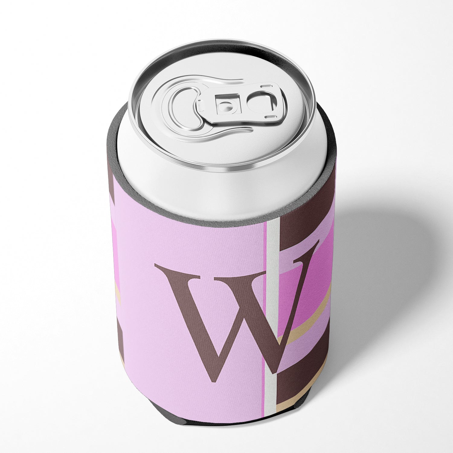 Letter W Initial Monogram - Pink Stripes Can or Bottle Beverage Insulator Hugger.