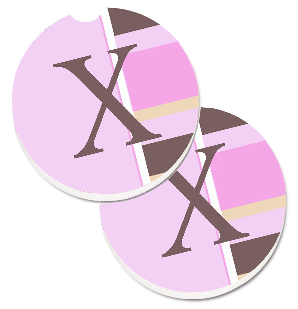 Letter X Initial Monogram - Pink Stripes Set of 2 Cup Holder Car Coasters CJ1005-XCARC by Caroline&#39;s Treasures
