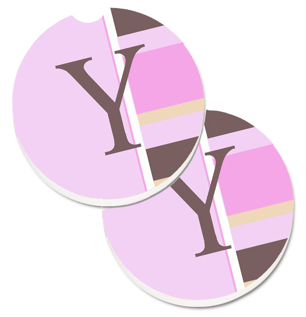 Letter Y Initial Monogram - Pink Stripes Set of 2 Cup Holder Car Coasters CJ1005-YCARC by Caroline&#39;s Treasures