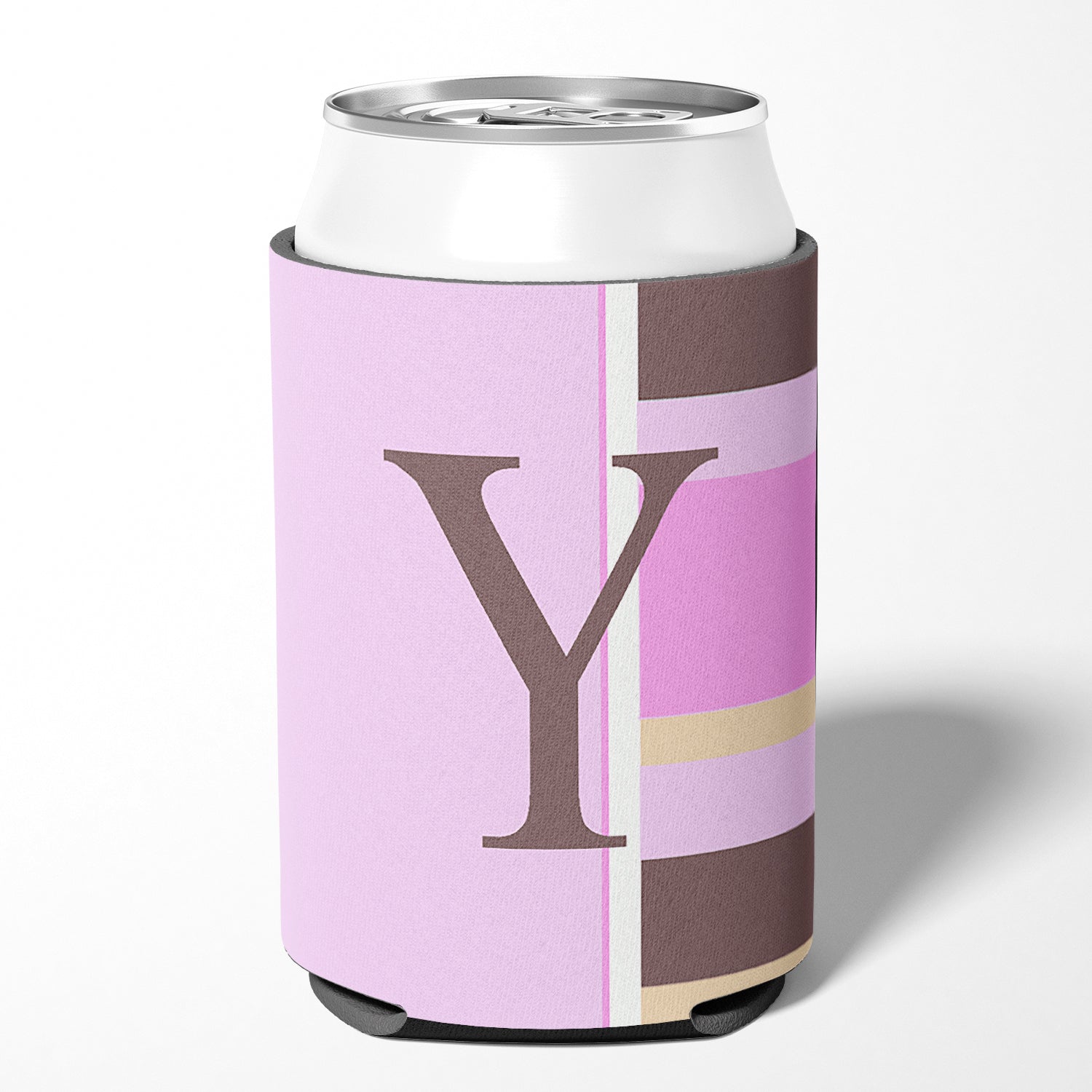 Letter Y Initial Monogram - Pink Stripes Can or Bottle Beverage Insulator Hugger.