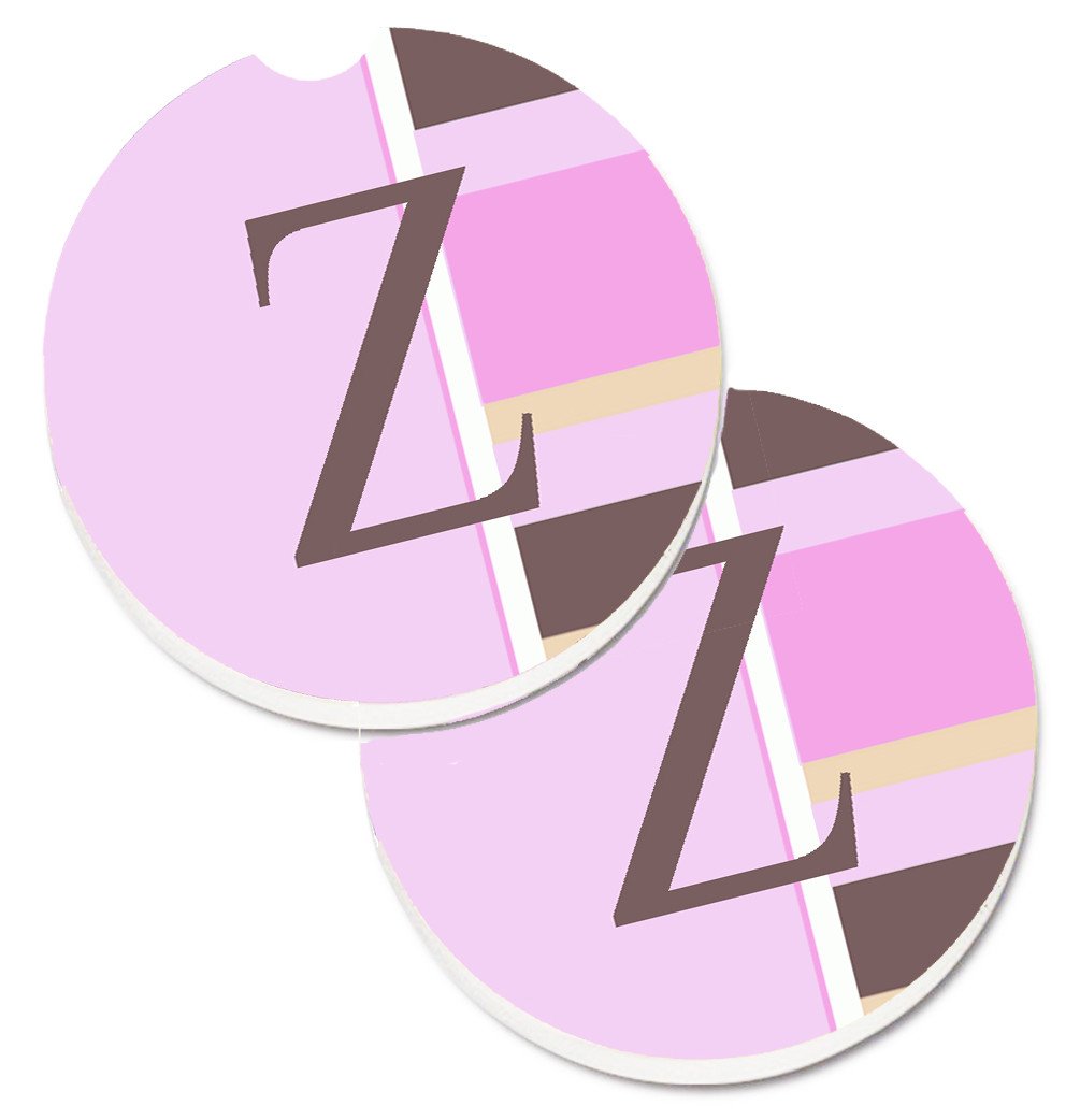Letter Z Initial Monogram - Pink Stripes Set of 2 Cup Holder Car Coasters CJ1005-ZCARC by Caroline&#39;s Treasures