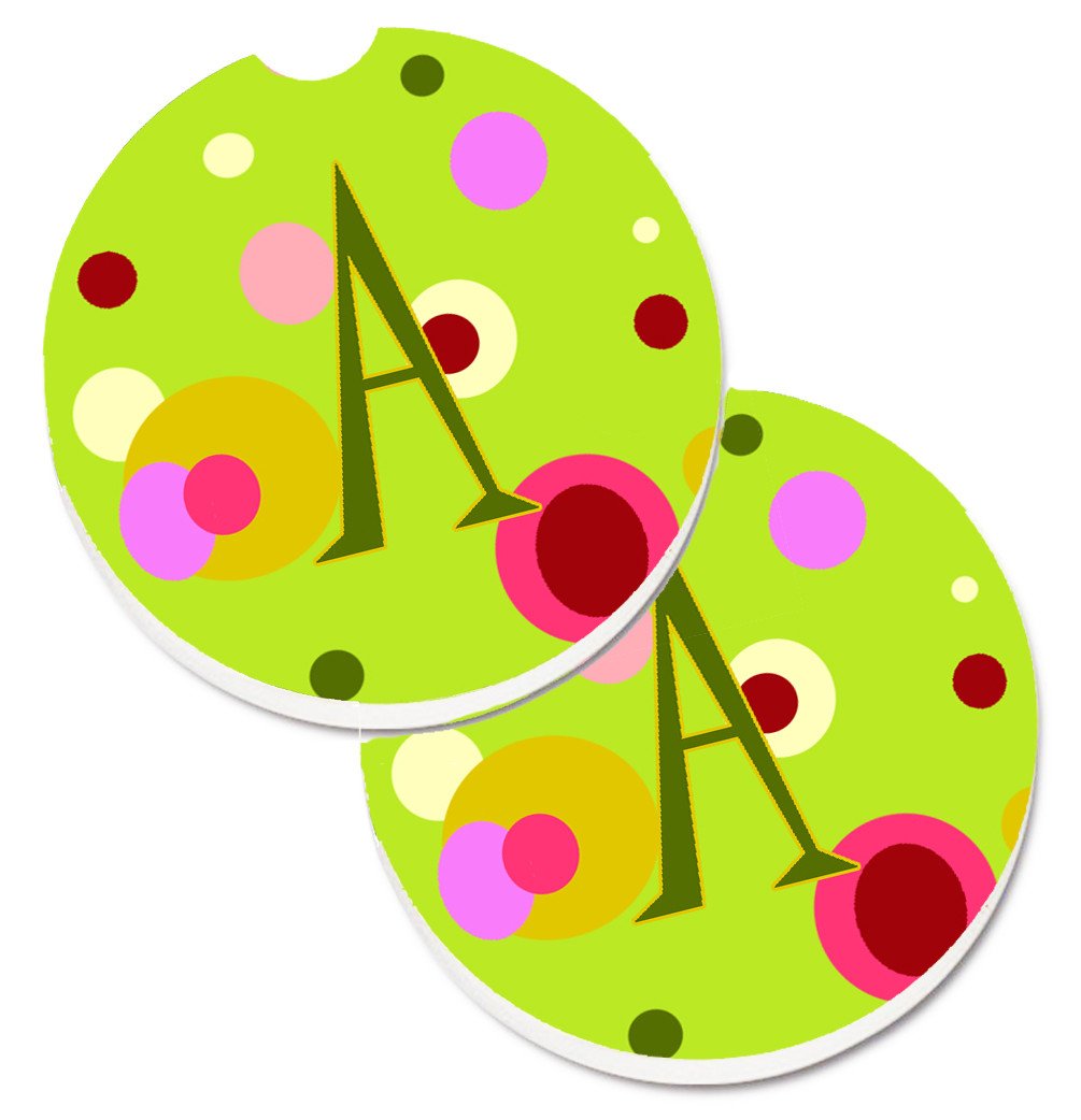 Letter A Monogram - Lime Green Set of 2 Cup Holder Car Coasters CJ1010-ACARC by Caroline&#39;s Treasures