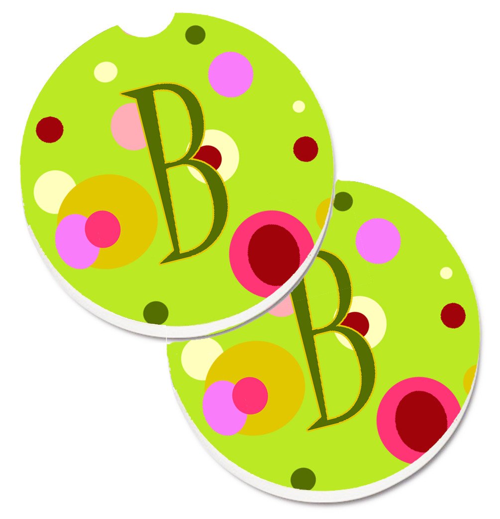 Letter B Monogram - Lime Green Set of 2 Cup Holder Car Coasters CJ1010-BCARC by Caroline&#39;s Treasures