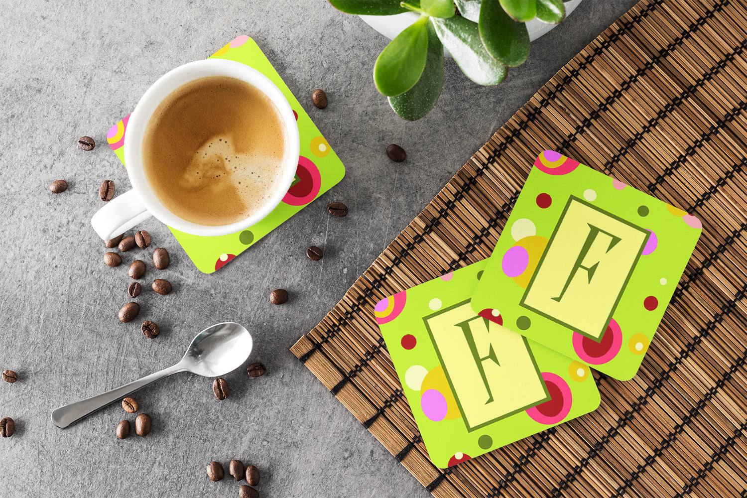 Set of 4 Monogram - Green Foam Coasters Initial Letter F - the-store.com