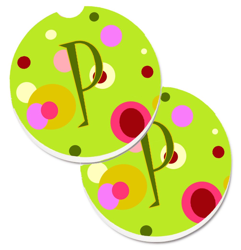 Letter P Monogram - Lime Green Set of 2 Cup Holder Car Coasters CJ1010-PCARC by Caroline&#39;s Treasures