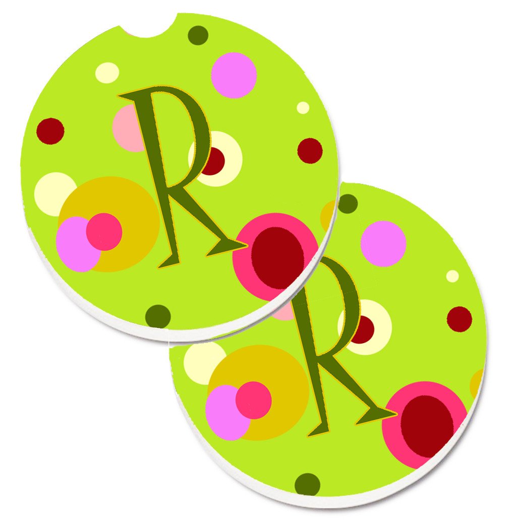 Letter R Monogram - Lime Green Set of 2 Cup Holder Car Coasters CJ1010-RCARC by Caroline&#39;s Treasures