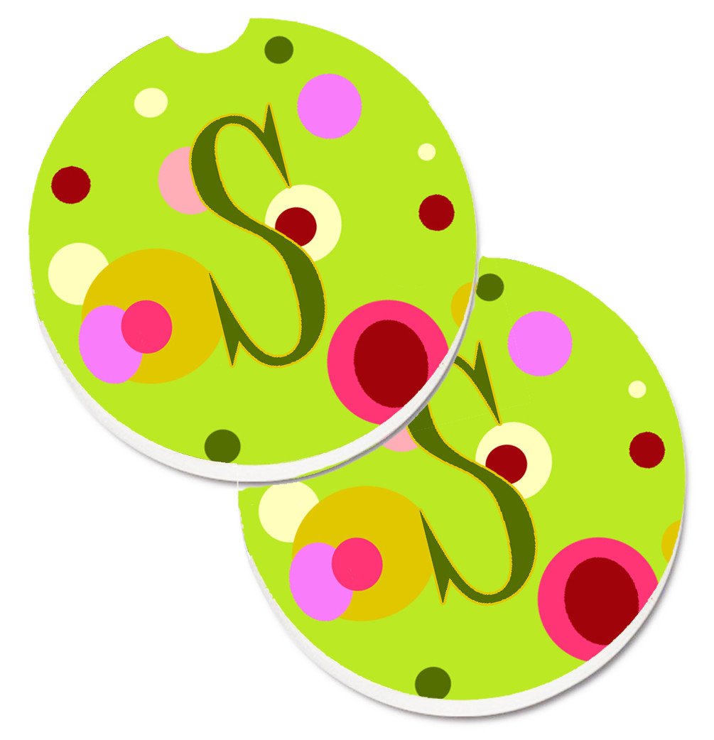 Letter S Monogram - Lime Green Set of 2 Cup Holder Car Coasters CJ1010-SCARC by Caroline&#39;s Treasures