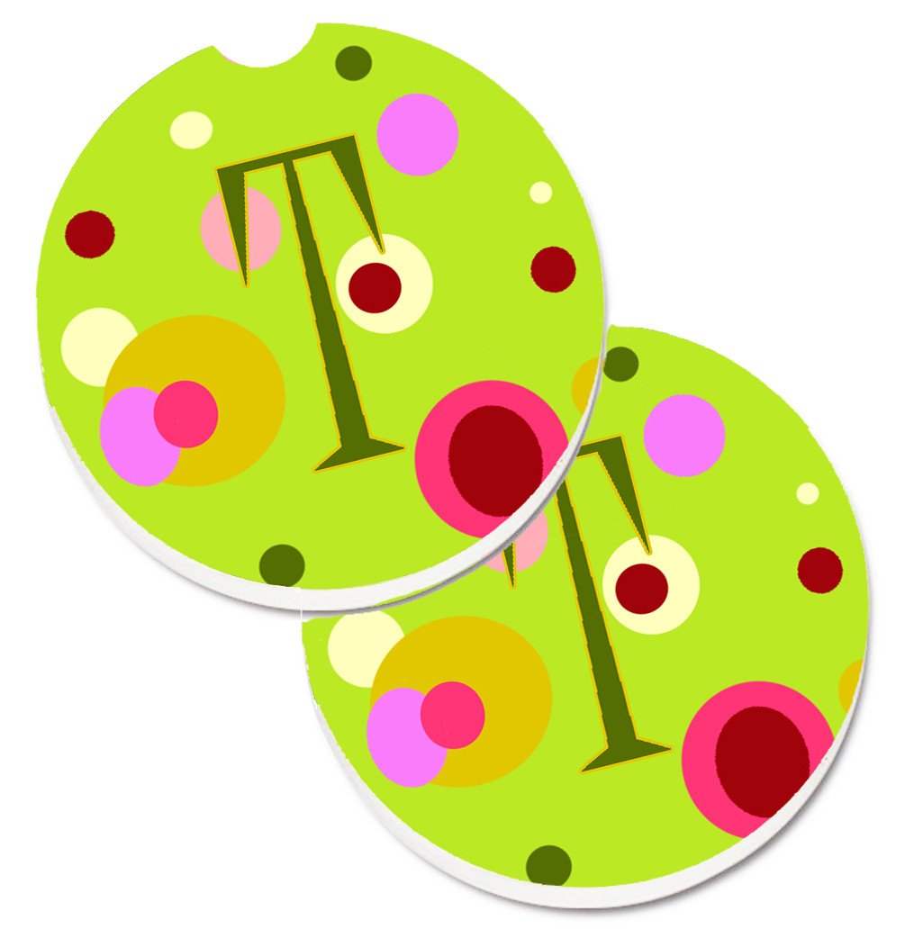 Letter T Monogram - Lime Green Set of 2 Cup Holder Car Coasters CJ1010-TCARC by Caroline&#39;s Treasures