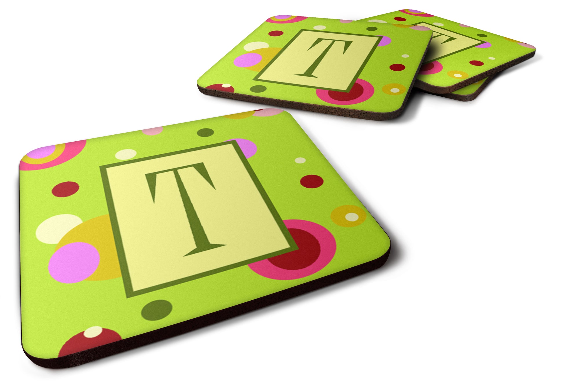 Set of 4 Monogram - Green Foam Coasters Initial Letter T - the-store.com