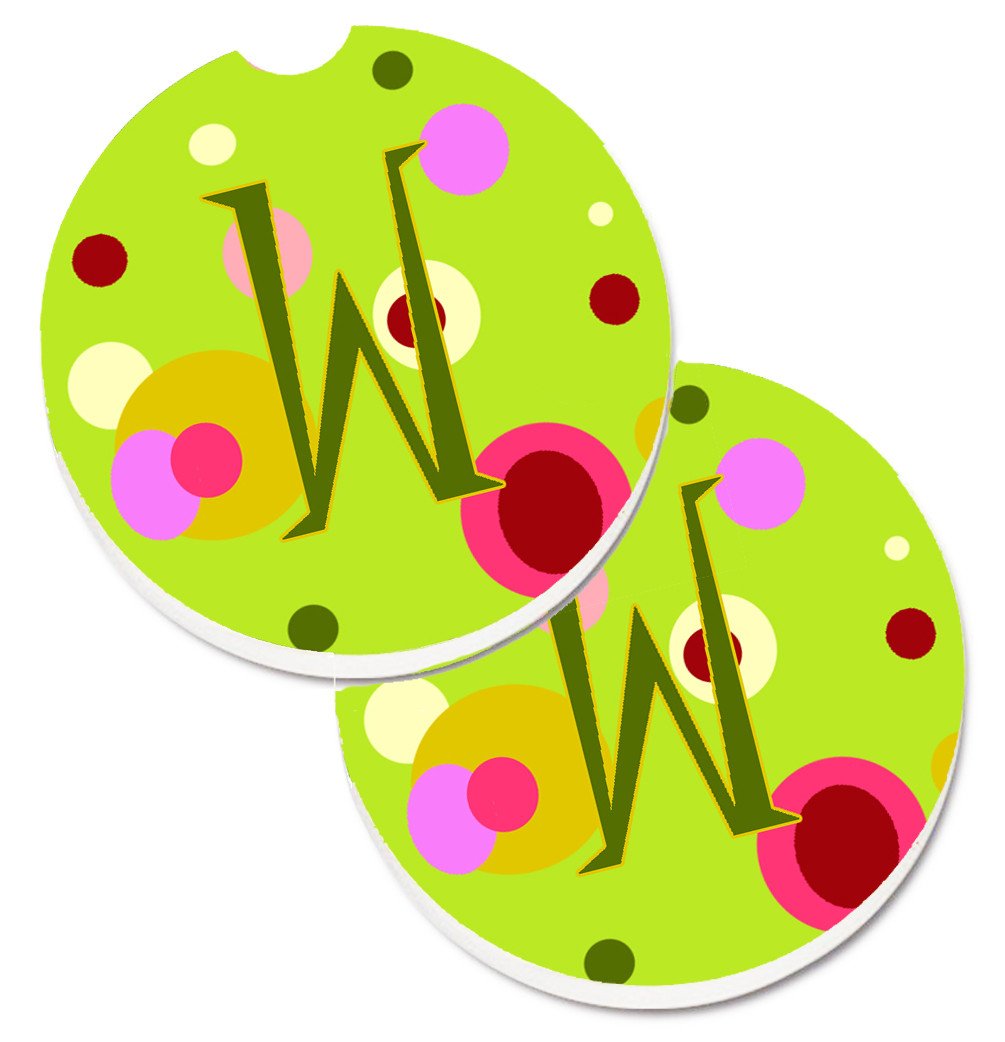 Letter W Monogram - Lime Green Set of 2 Cup Holder Car Coasters CJ1010-WCARC by Caroline&#39;s Treasures