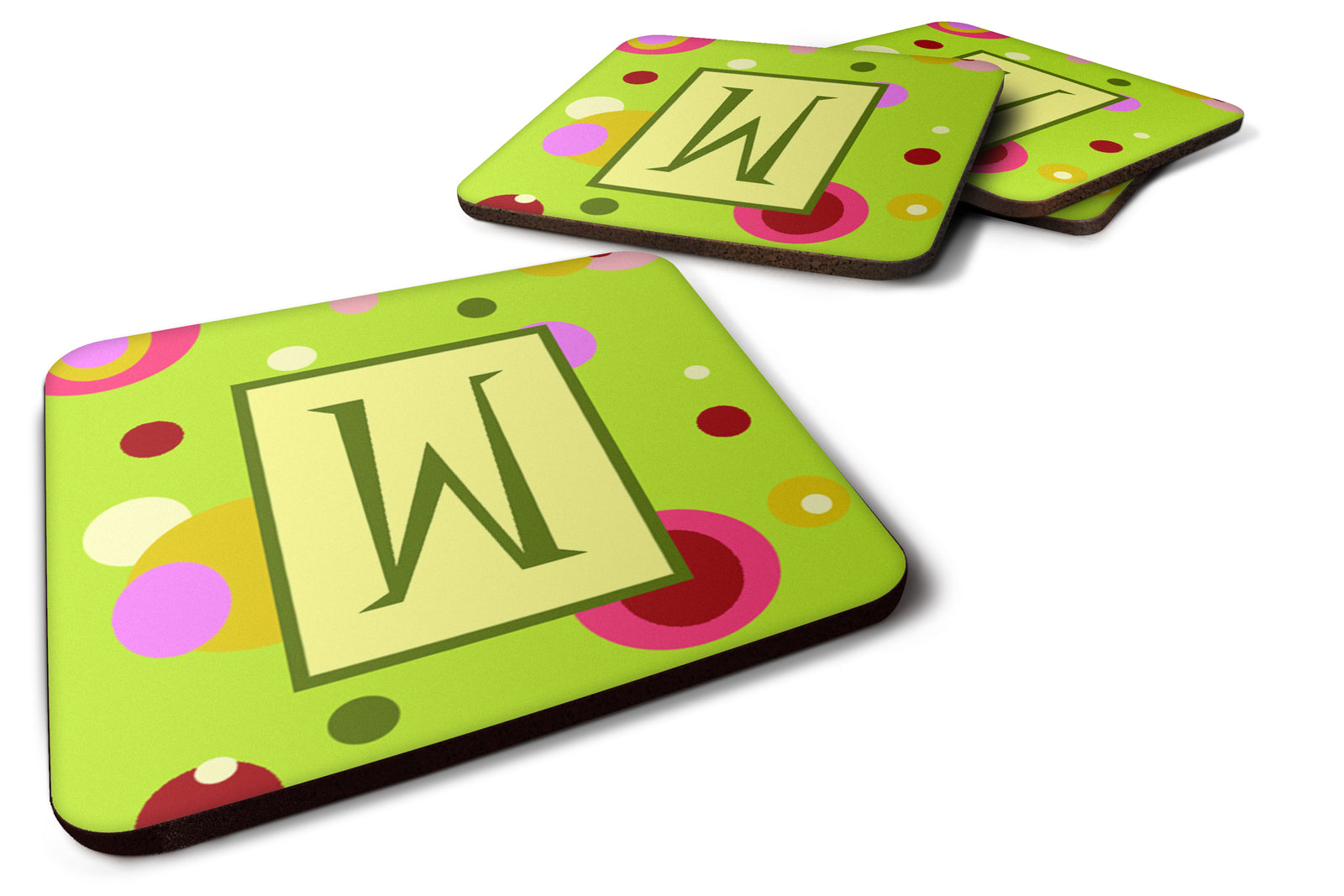 Set of 4 Monogram - Green Foam Coasters Initial Letter W - the-store.com